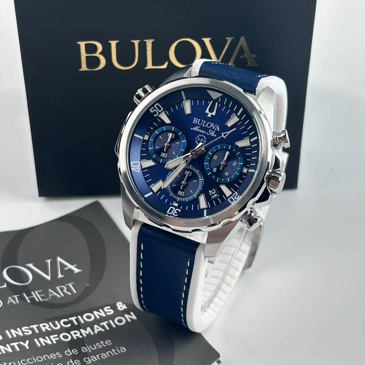 New Bulova Marine Star 96B287 Blue Dial Men’s Chronograph Quartz Watch 43 mm