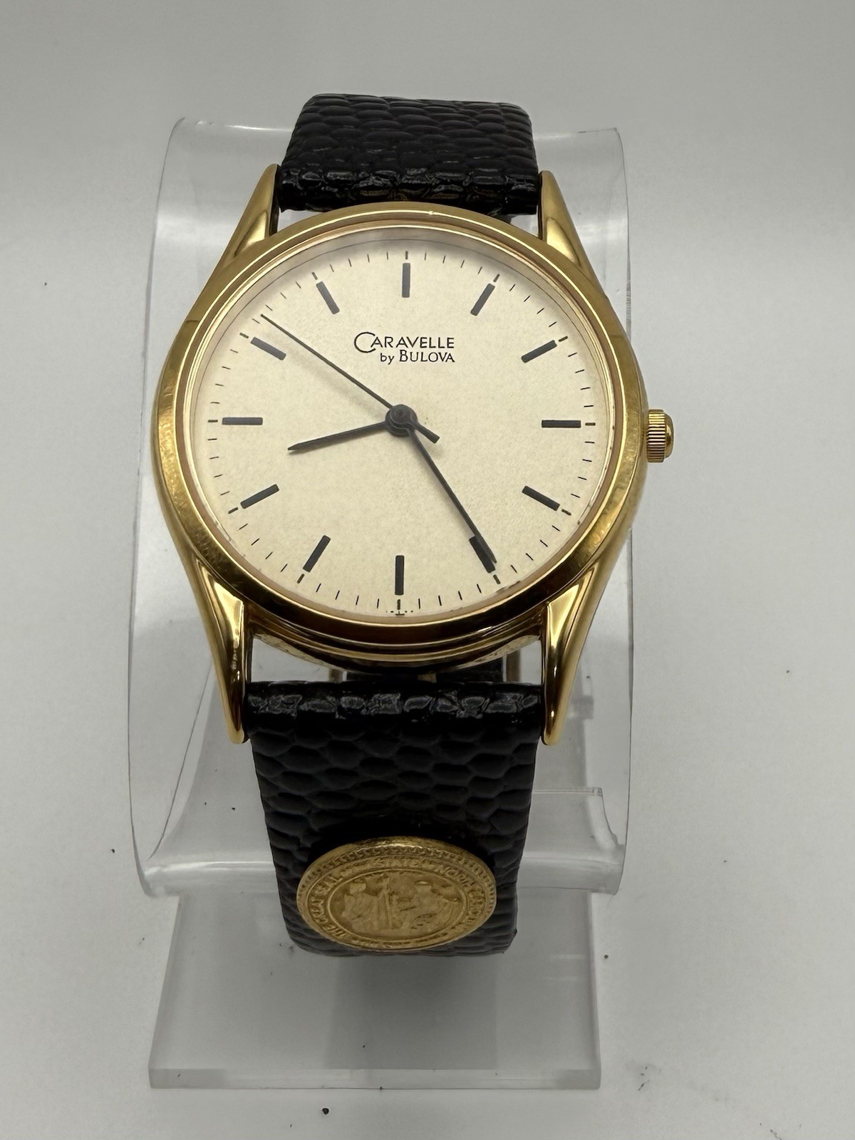 Bulova Caravelle Quartz Vintage Gold Tone Round Dress Watch Black Leather Strap
