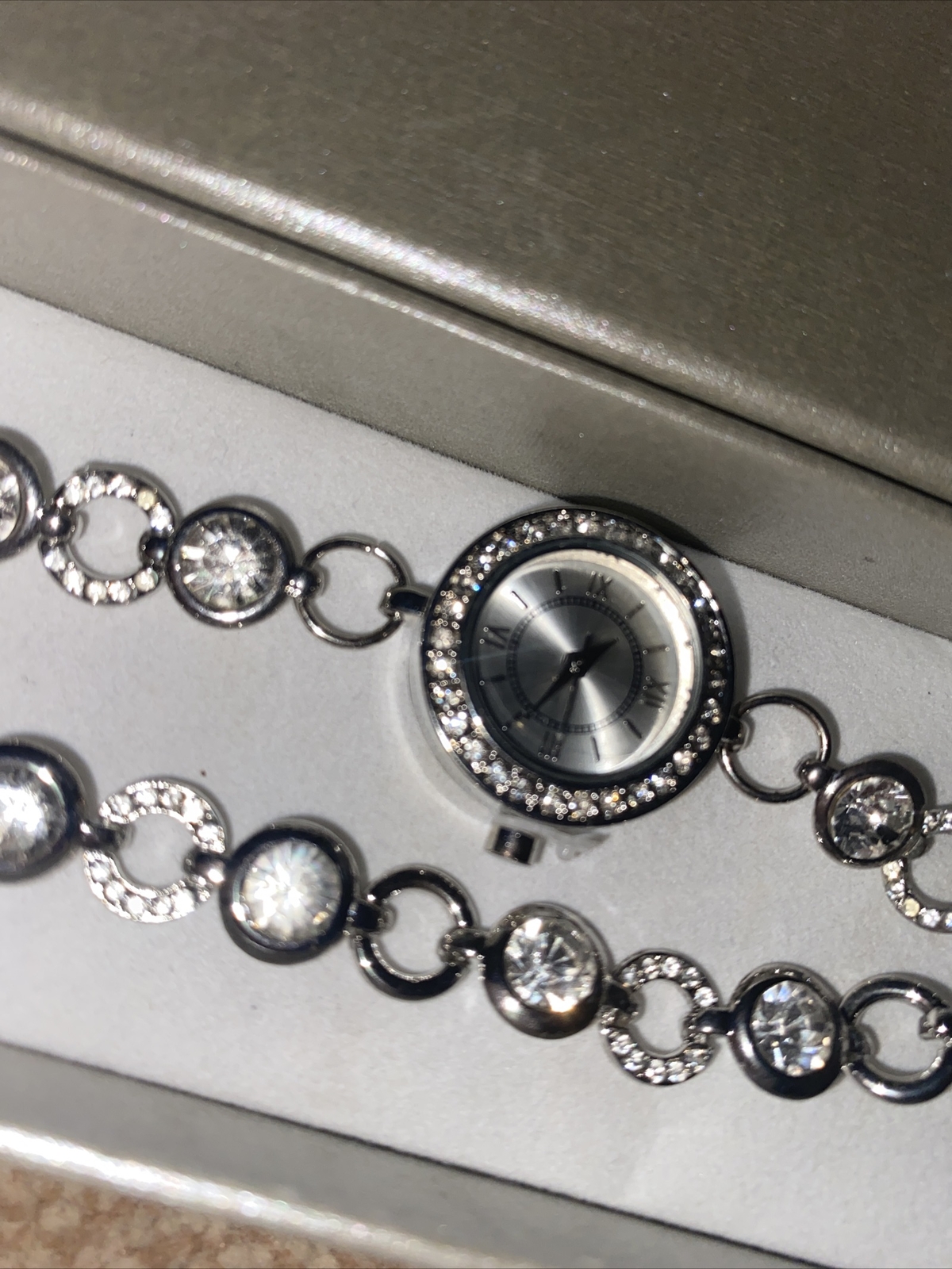 WATCH AND BRACELET SET DIAMONTE SILVER TONE DRESSY FORMAL PARTY BRAND NEW IN BOX