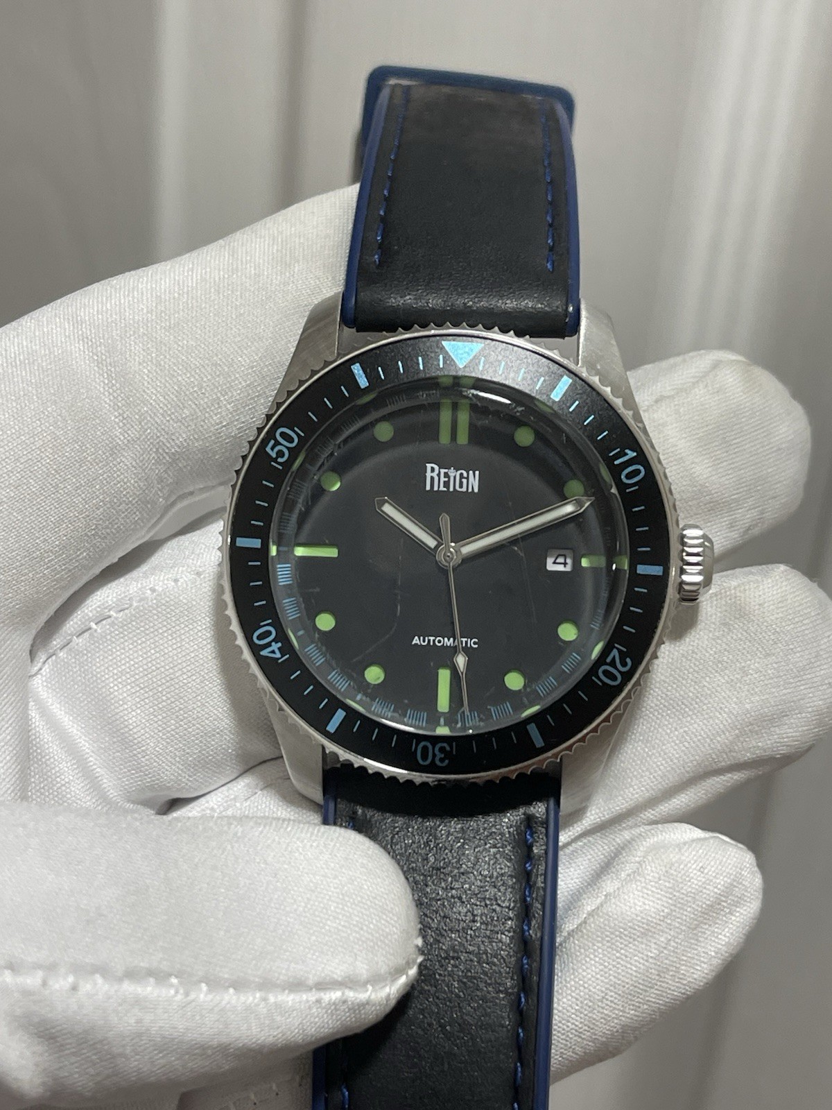 Reign Elijah Automatic Rubber Inlaid Leather-Band Watch W/Date – Black/Blue