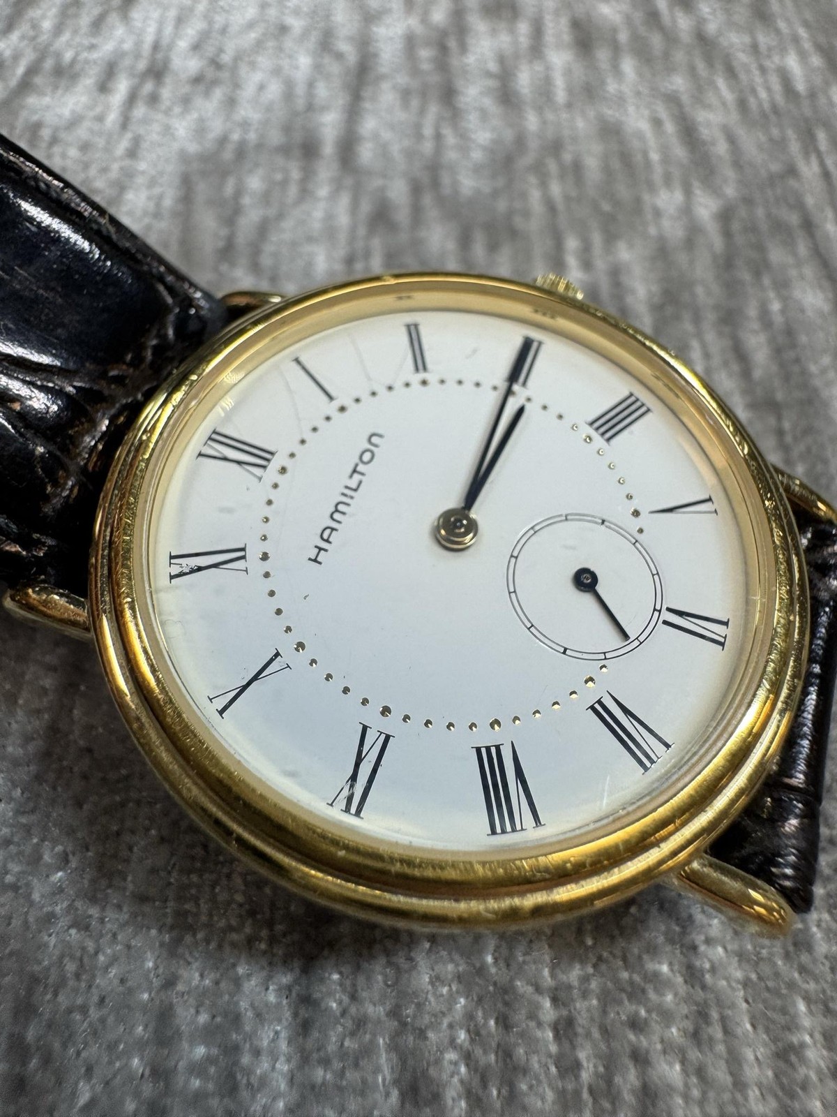 Vintage Hamilton Registered Mens Watch White Dial Gold 6210 Black Leather Formal