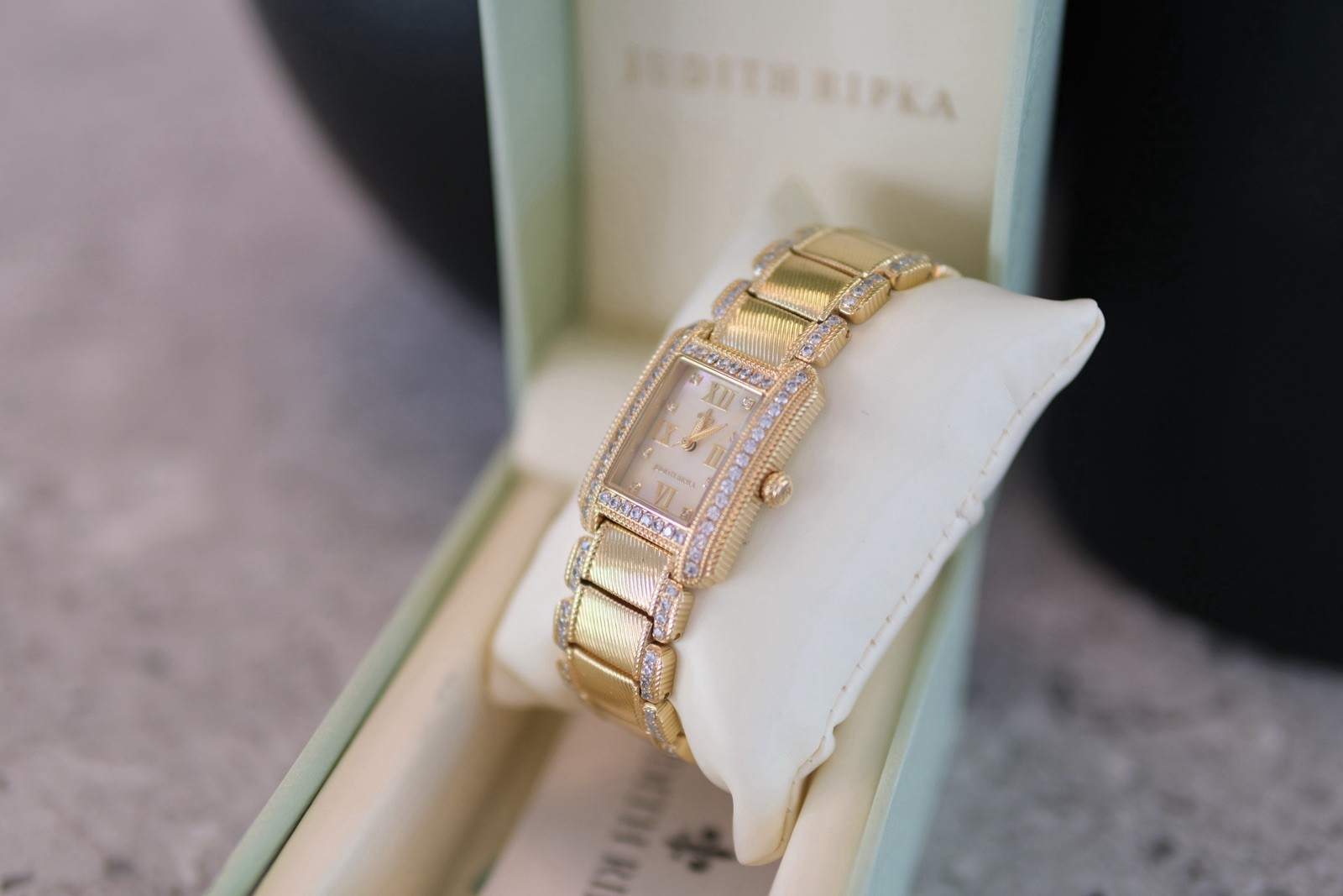 Judith Ripka Gold-Tone Rectangle Quartz Watch Gemstone Bezel/Markers w/ Box