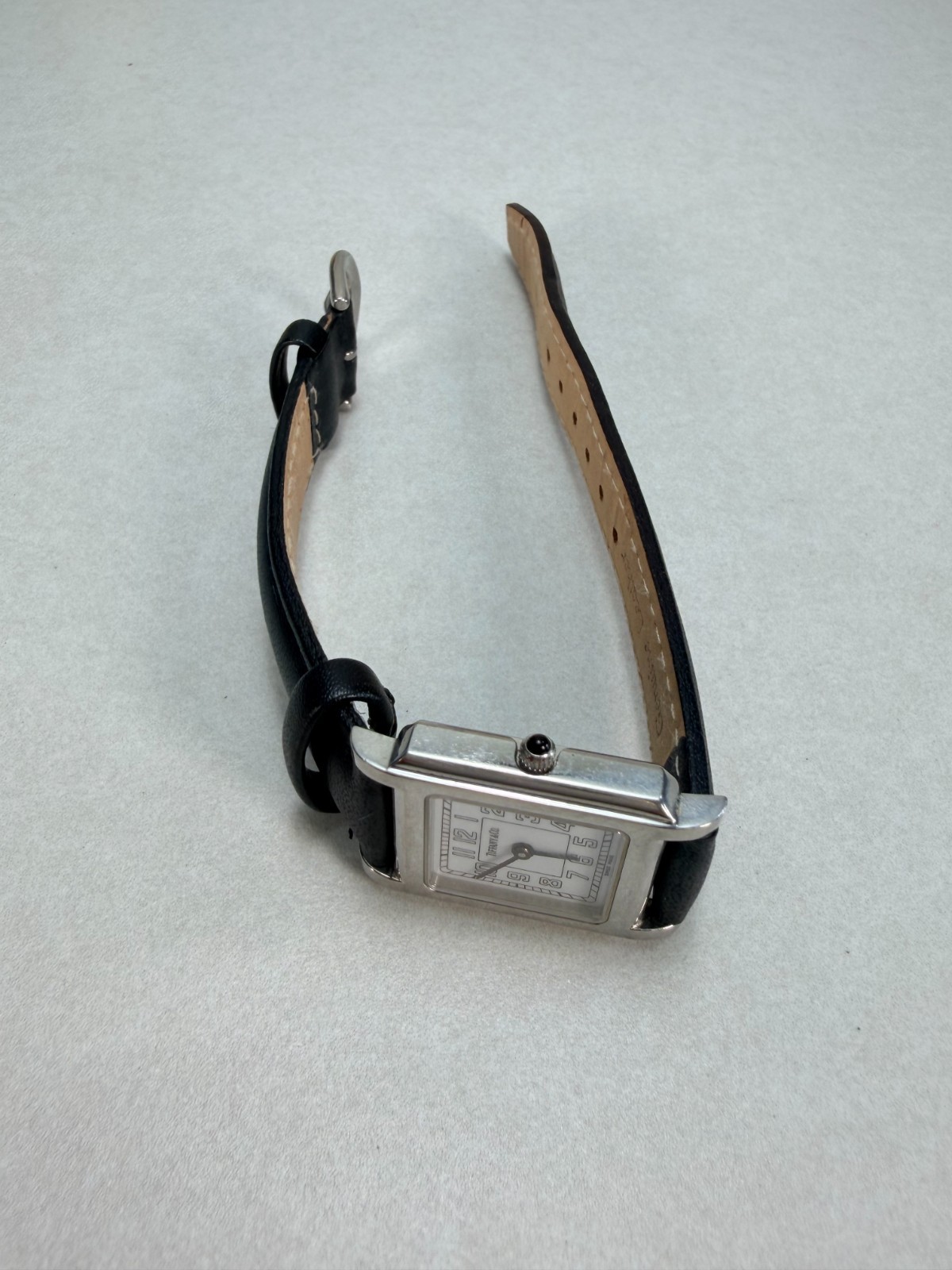 Tiffany & Co Swiss Made Tank Watch Stainless Steel Quartz Leather Strap Working