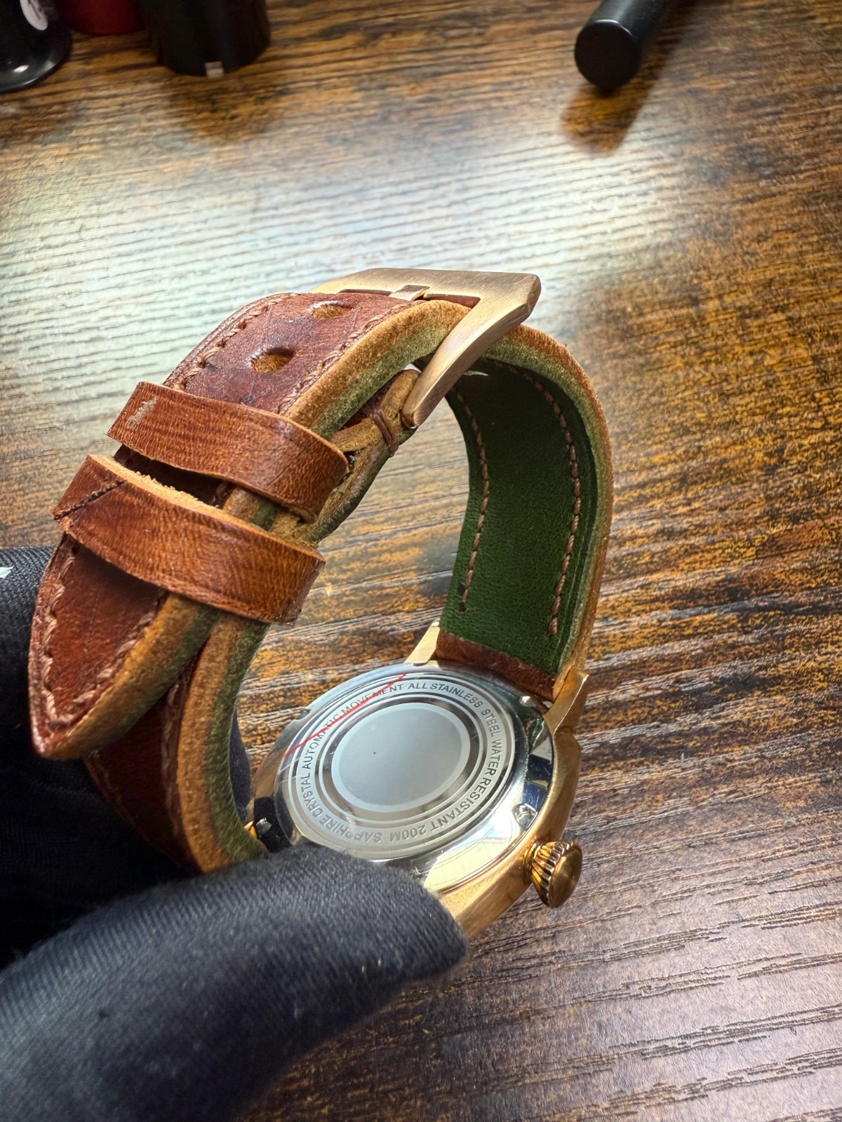 Bespoke bronze built Watch Nh35 Automatic Movement Handmade strap