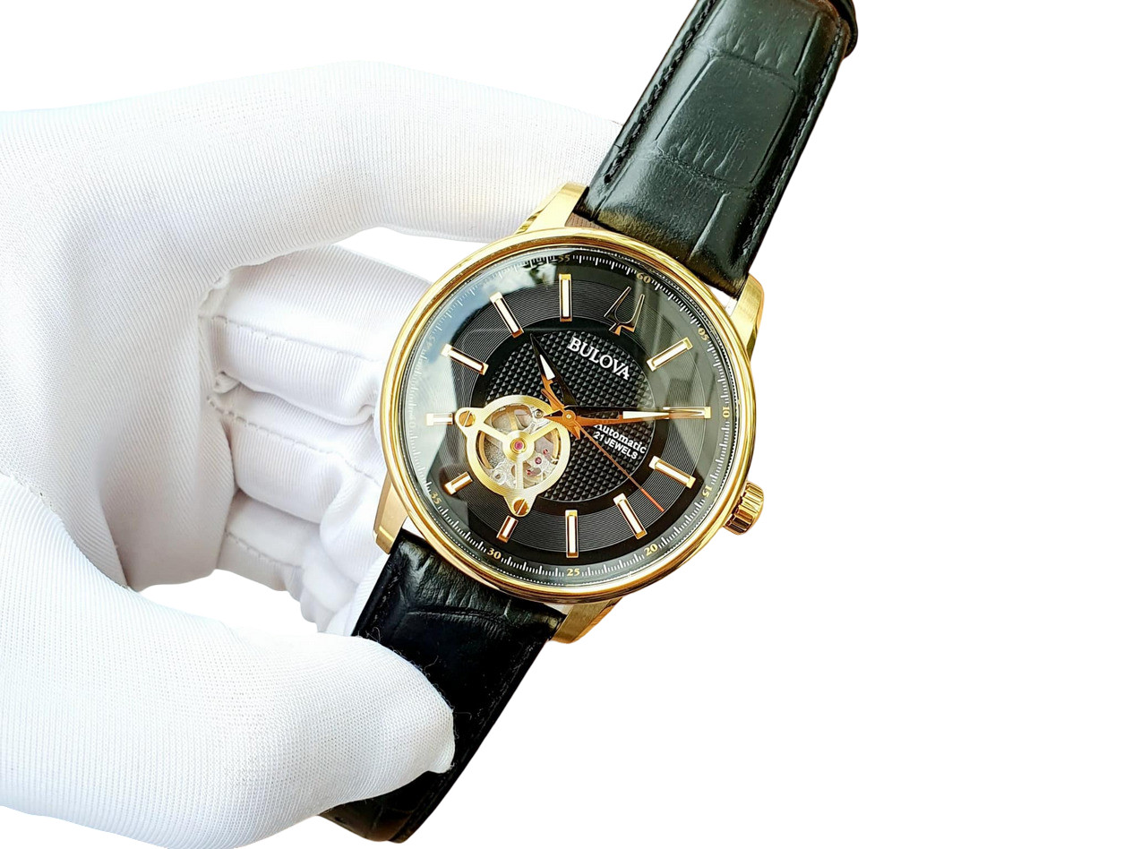Bulova Automatic Gold Tone Black Dial Leather Band Men’s Watch 97A166