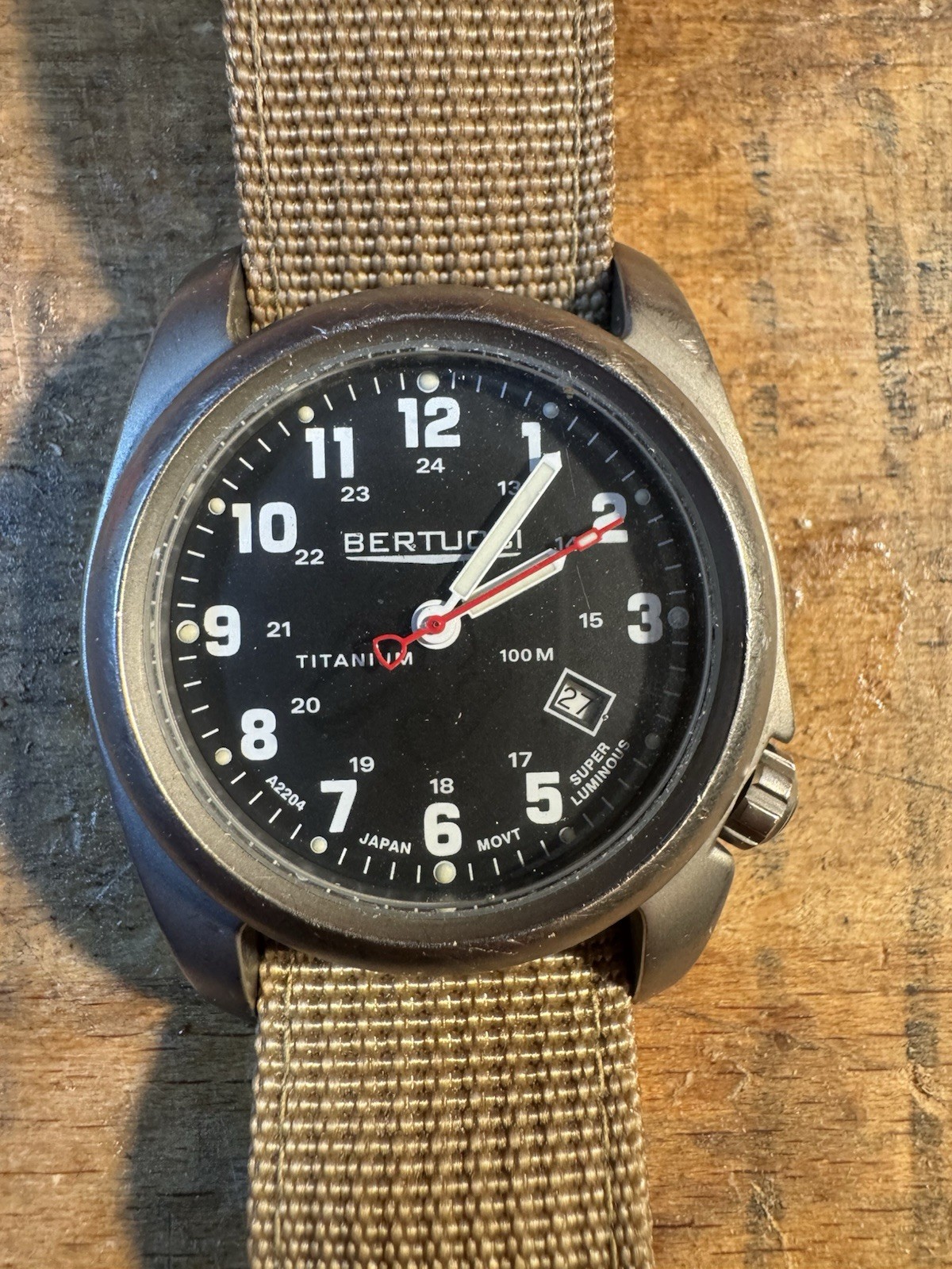 Bertucci A-2T Titanium Quartz Military Watch 100m Black Dial Date Tan Nylon