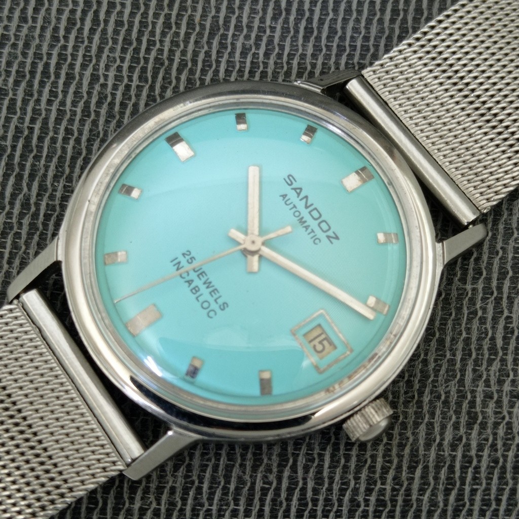VINTAGE SANDOZ AUTOMATIC 25 JEWELS SWISS MENS TURQUOISE BLUE DIAL WATCH a2687-U