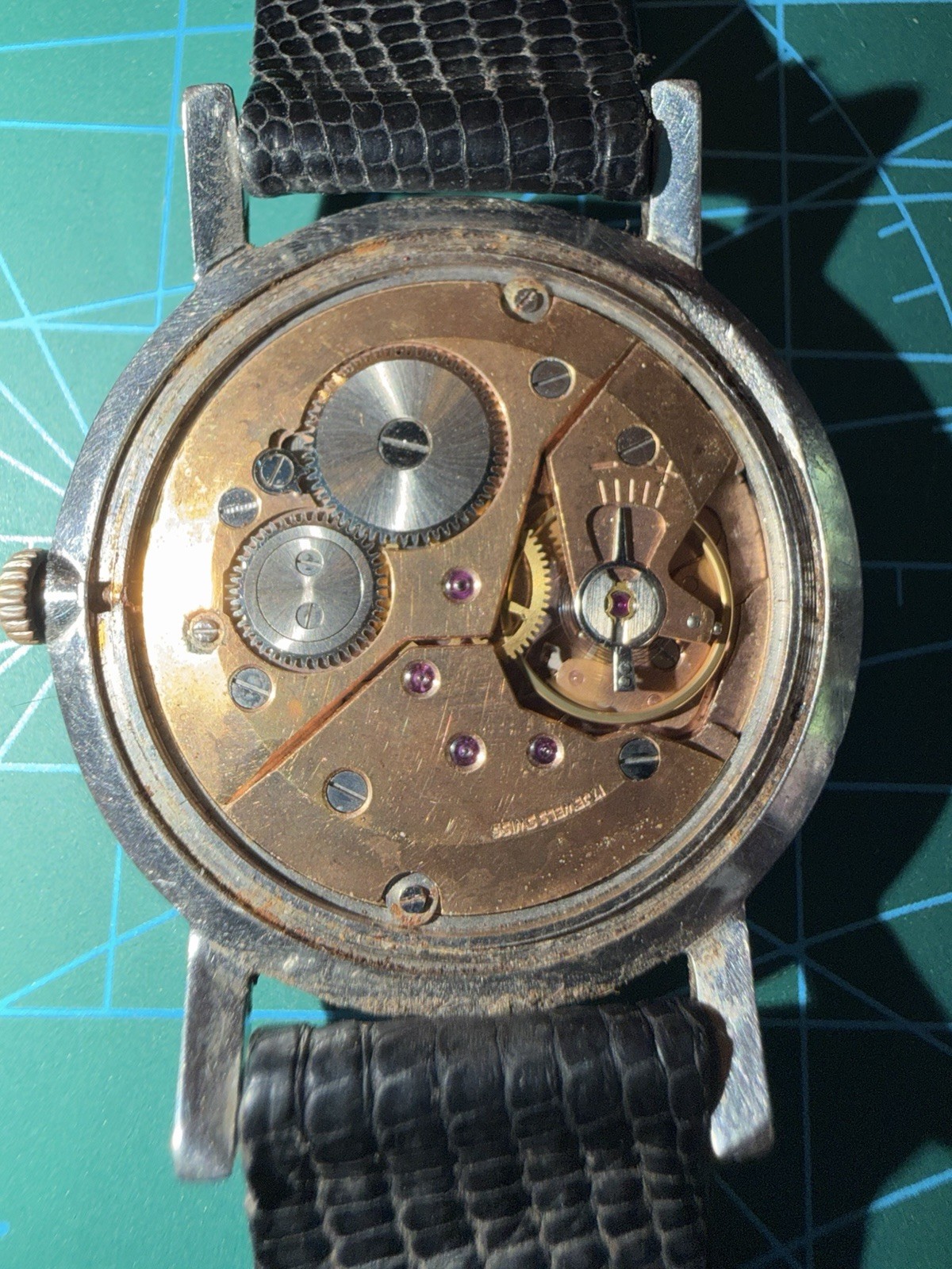 Vintage Incabloc 17 Jewel Manual Wind Gold Dial Watch Black Leather 33.3mm