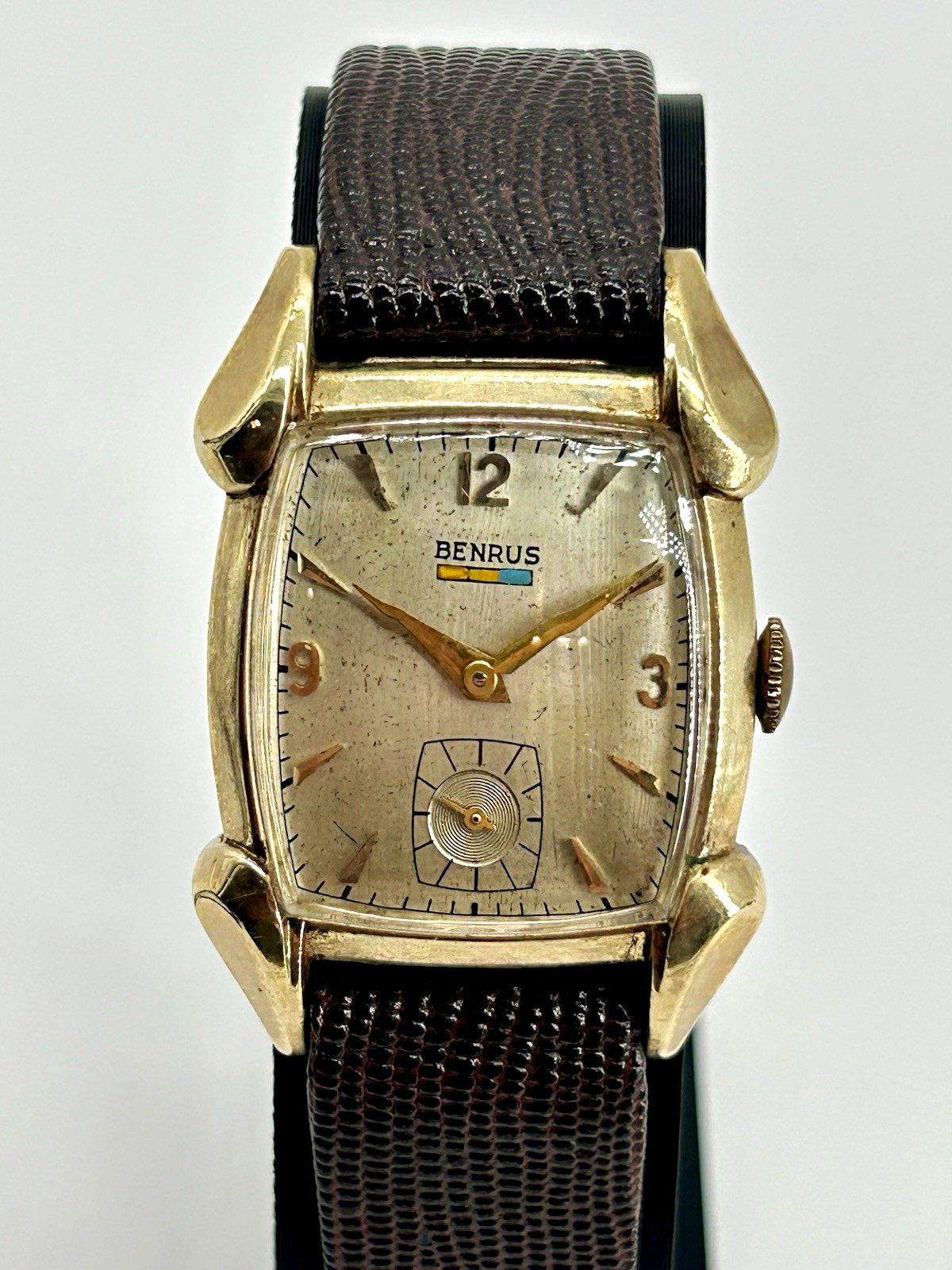 Vintage Benrus 17J Manual Wind 10K Gold Filled Horn Lug Tank Watch 26mm Runs