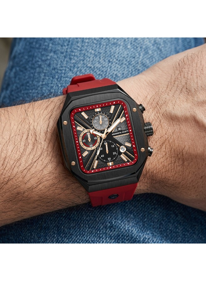 Kenneth Scott Men’s Chronograph Watch | Black Dial, Red Band, 44mm, 30 m (3 ATM)
