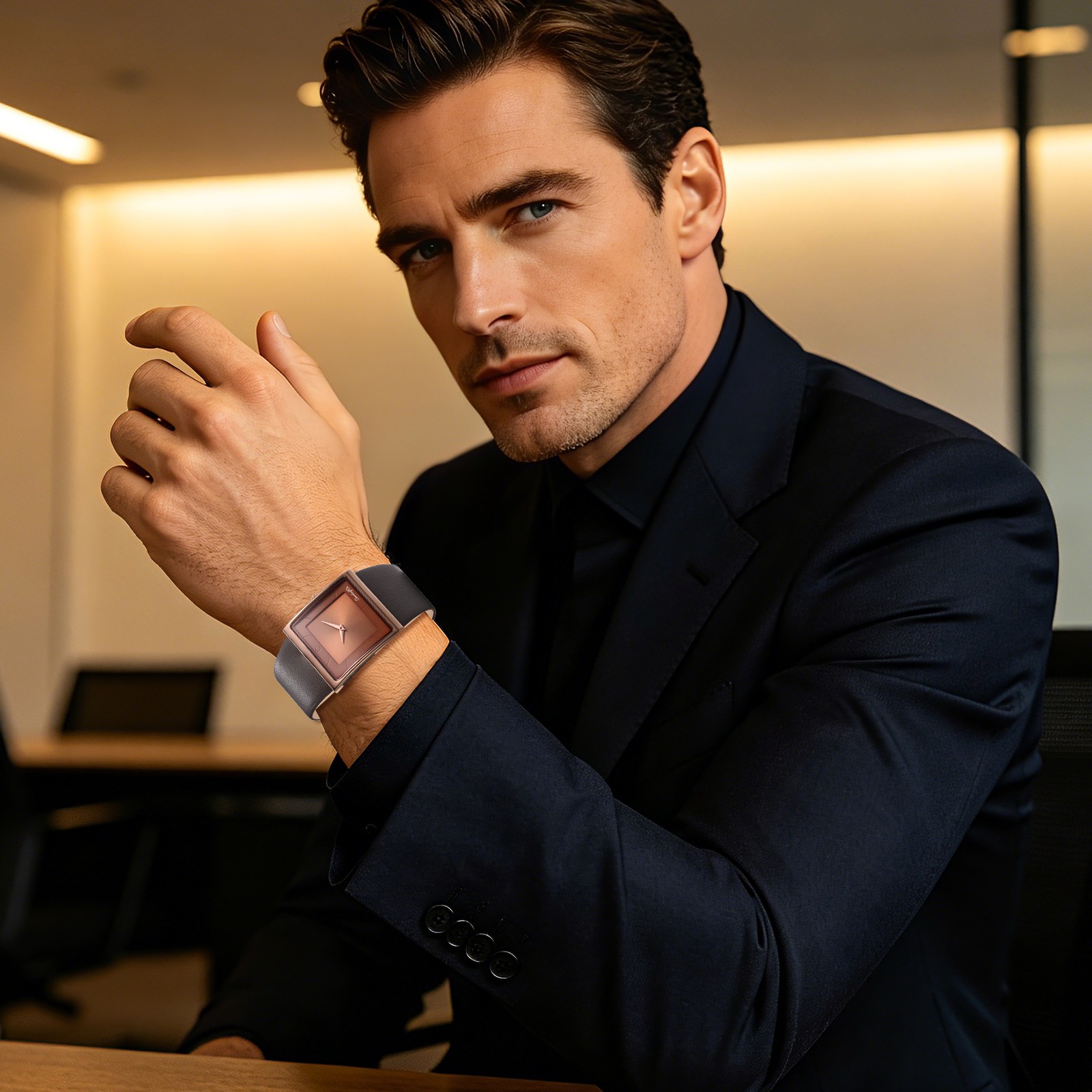 Men’s Simple Casual Leather Strap Square Dial Quartz Analog Wrist Watch Watches