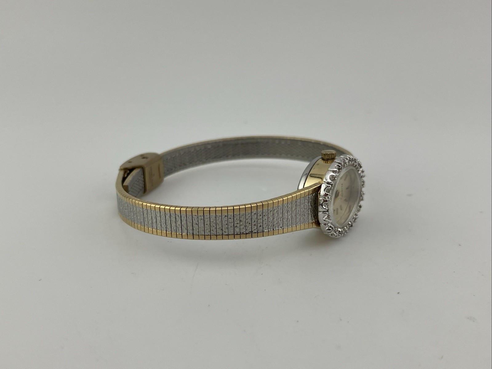 Vtg Sutton Ladies 16mm Watch Two-Tone Diamond Bezel Adjustable -RUNS