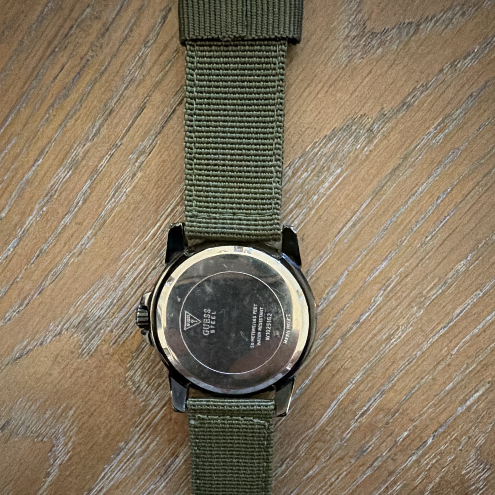 Guess Quartz Analog Watch Black Dial Black Steel Case Green Nylon Strap 45mm