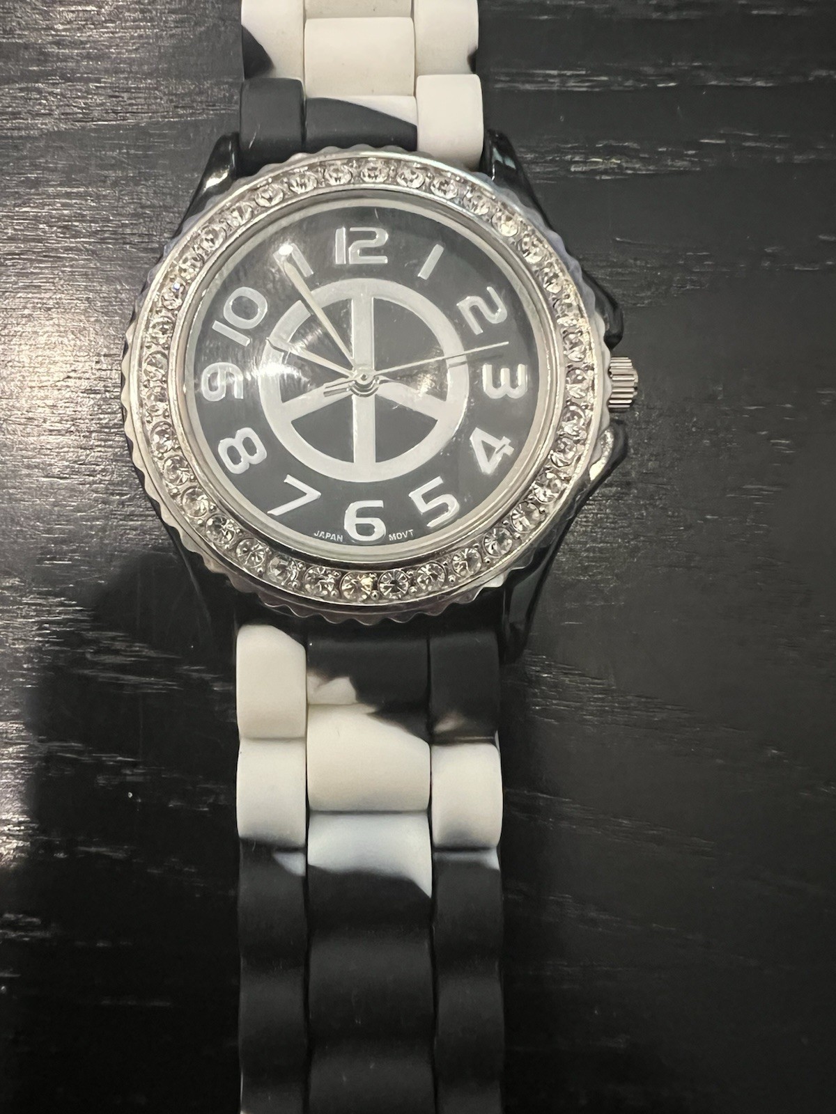 Women’s Geneva Black & White Peace Sign Rhinestone Watch