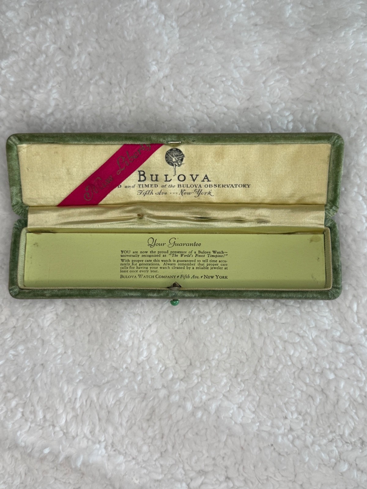 Vintage 1929 Ladies Bulova “Miss Liberty” wristwatch with emeralds