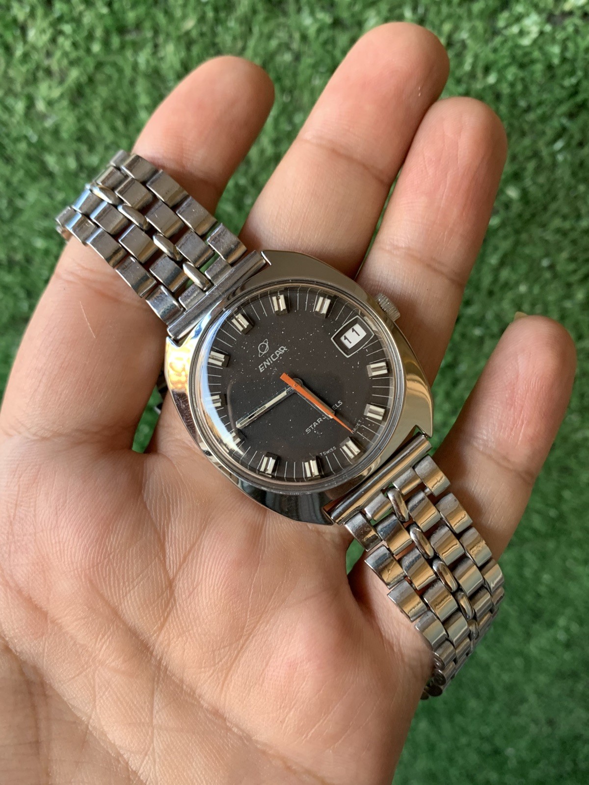 Vintage Enicar Ocean Pearl Watch Stainless Steel Star Jewels Dial 36mm Men 1960s