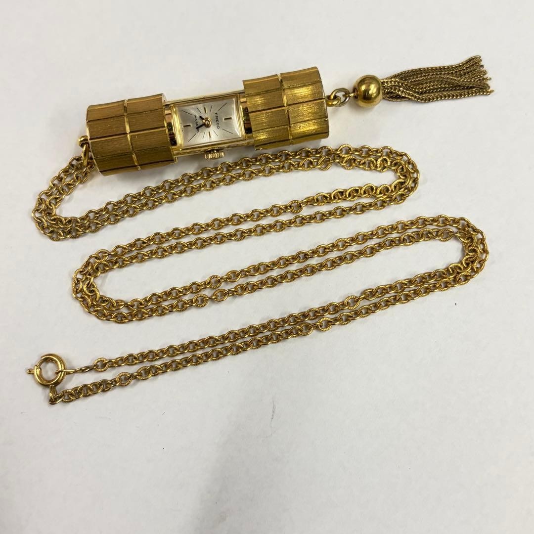 FRECO Hand-Wound Pendant Watch Necklace Gold Cylinder Slide Open/Close