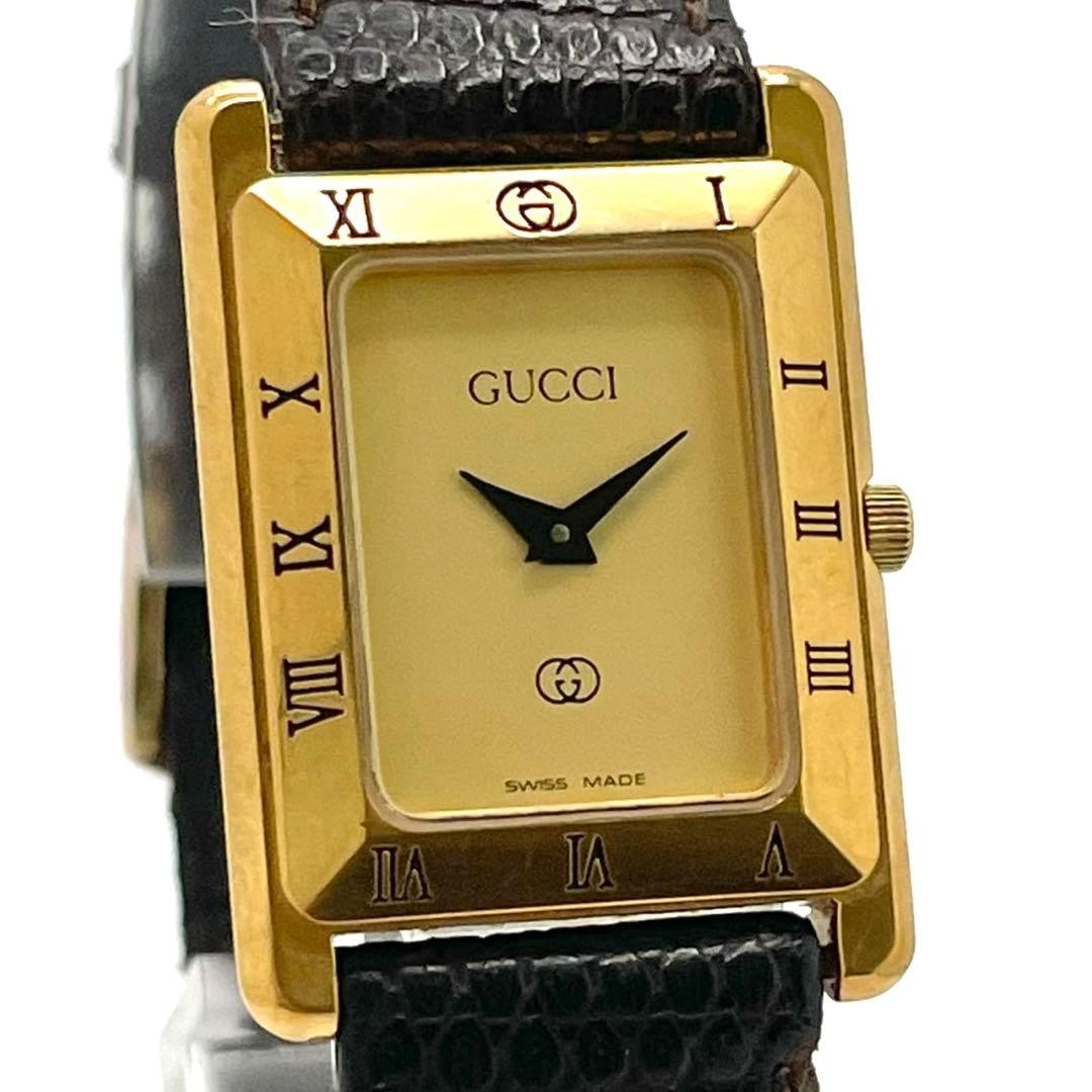 Gucci Square Gold Roman Numeral Quartz Watch Brown Japan New Battery 07896