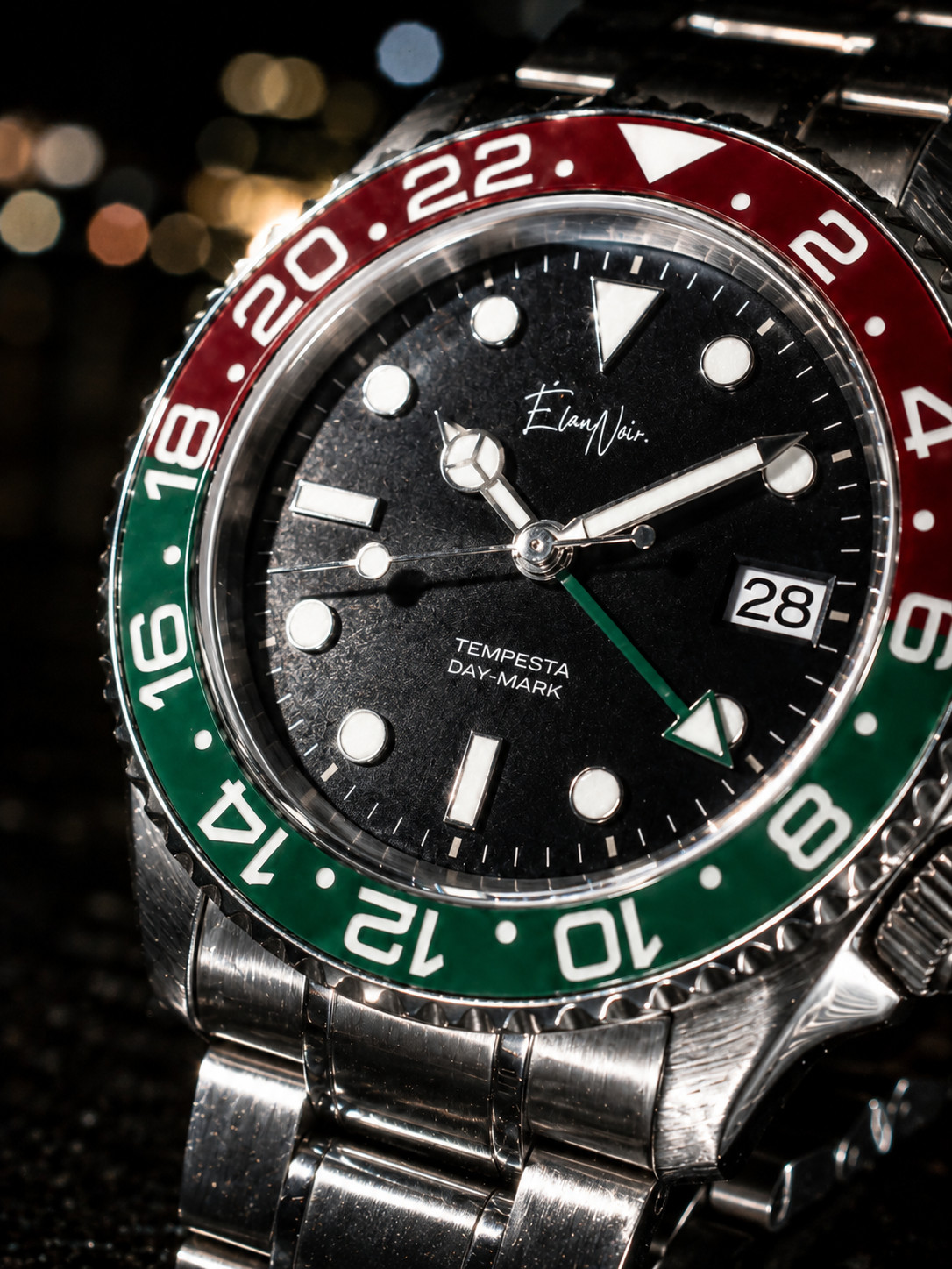 Men’s Automatic Dual Time Watch 41mm Red Green Bezel Black Dial Stainless Steel
