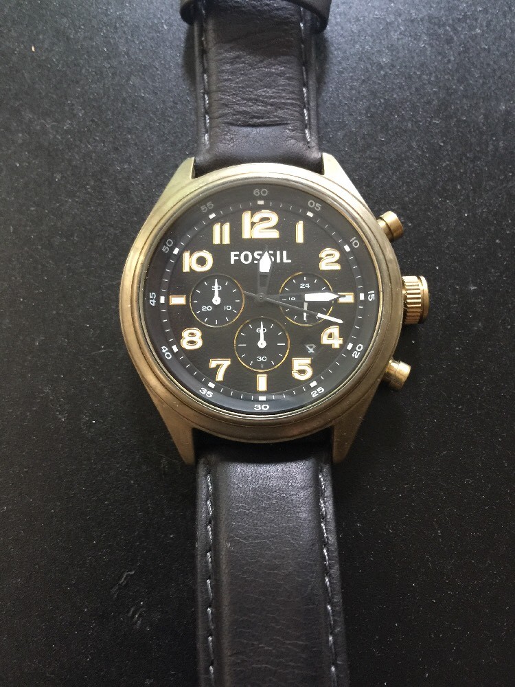 FOSSIL Vintage Bronze Chronograph Watch Black Leather Band DE5000
