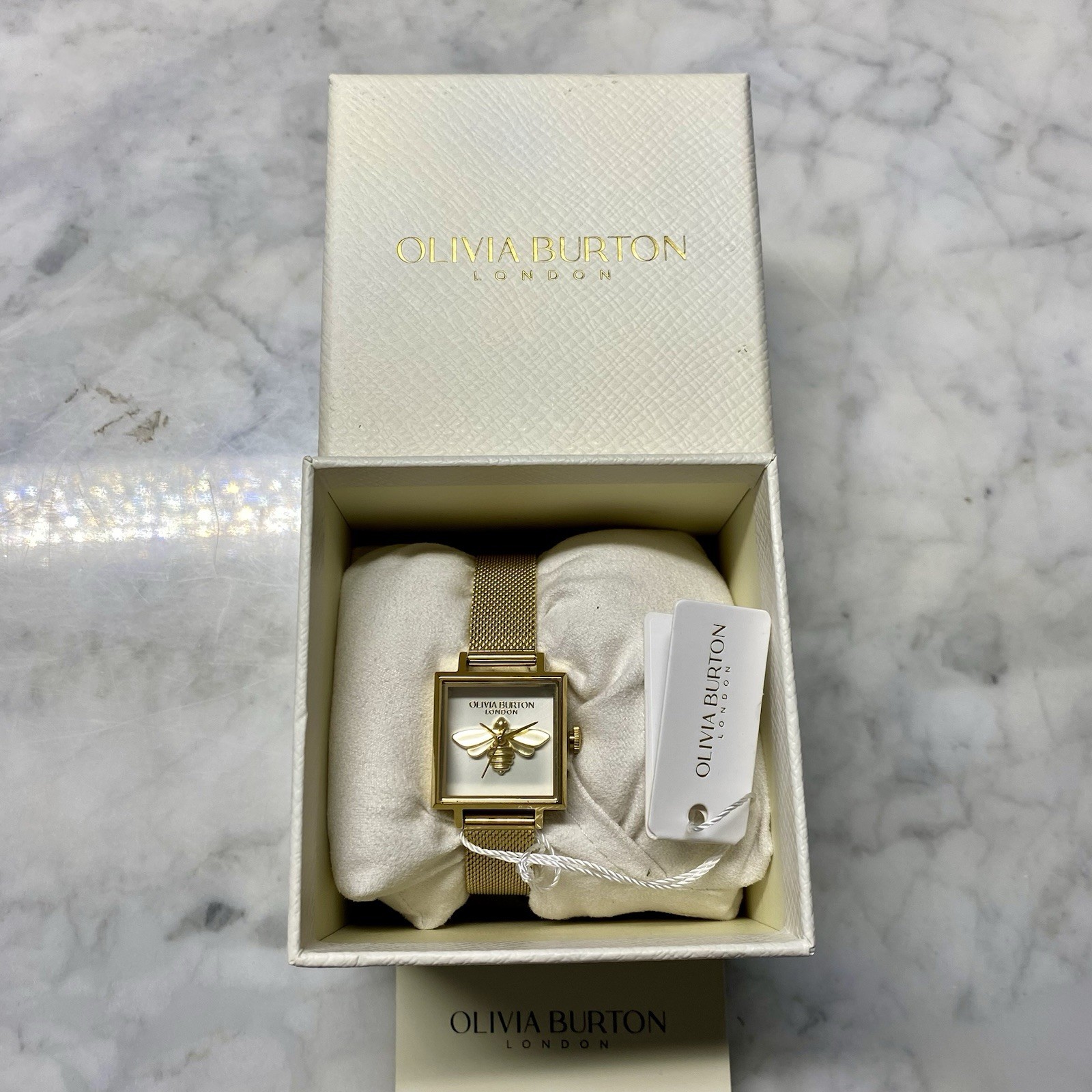 Olivia Burton 23mm Lucky Bee White & Gold Mesh Watch