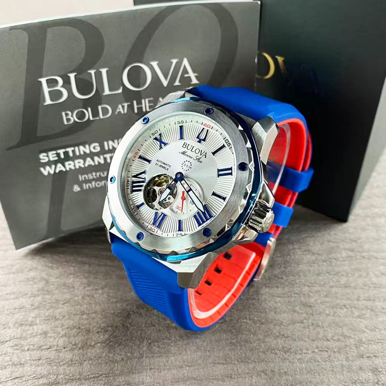 Bulova Marine Star 98A225 Men’s Automatic Watch Blue Rubber Strap New With Box