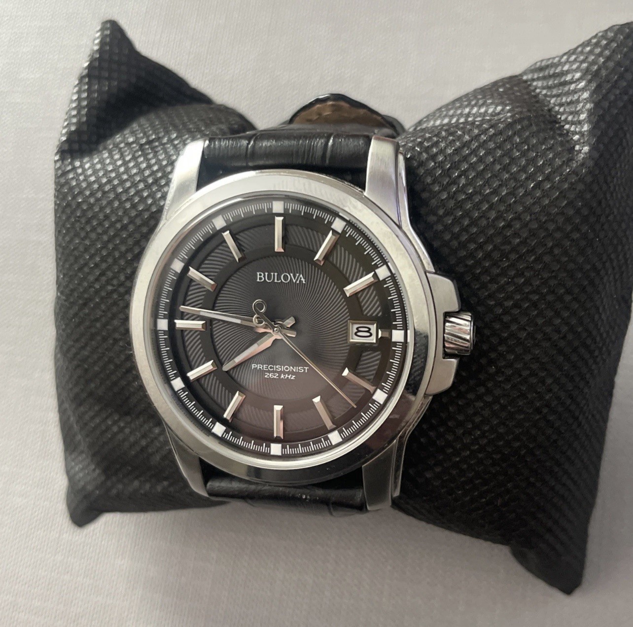 Bulova Precisionist Gray Dial Silver Tone Black Leather Band Men’s Watch 96B158