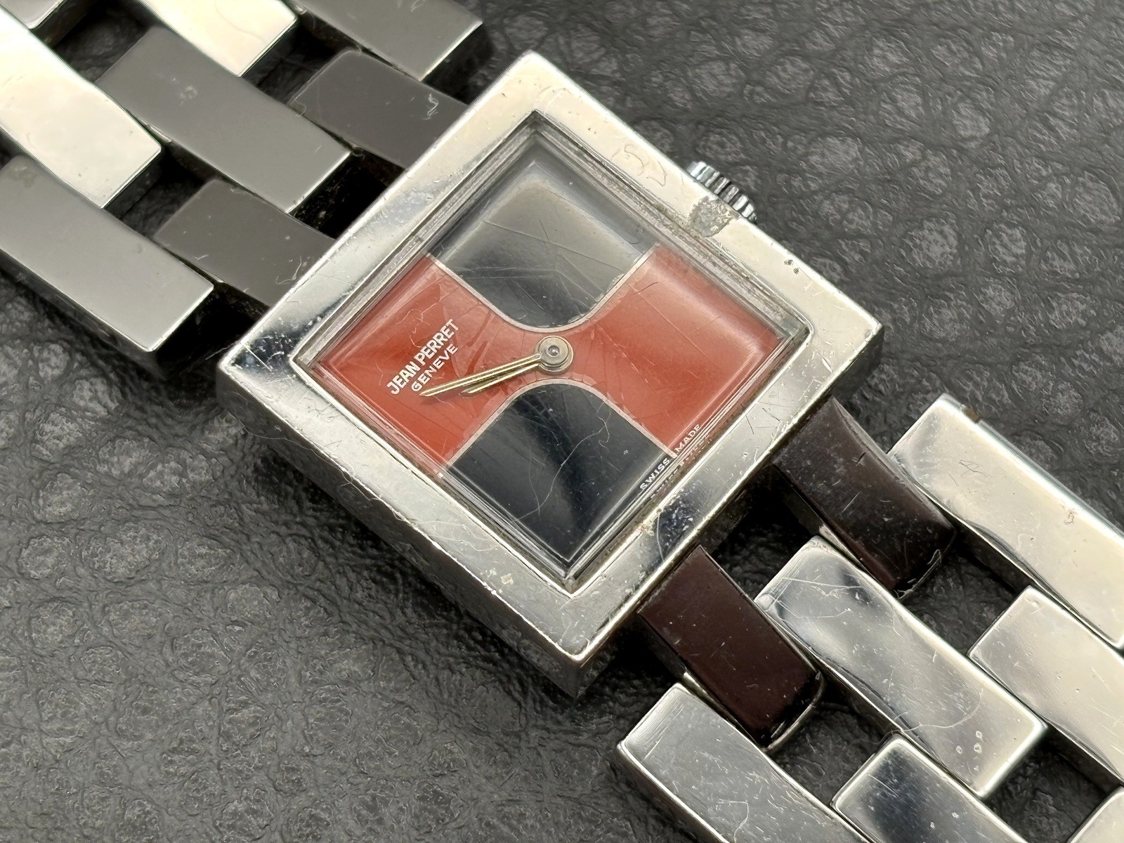 Jean Pierret Geneve Stainless Steel Square Watch Red Black Dial READ