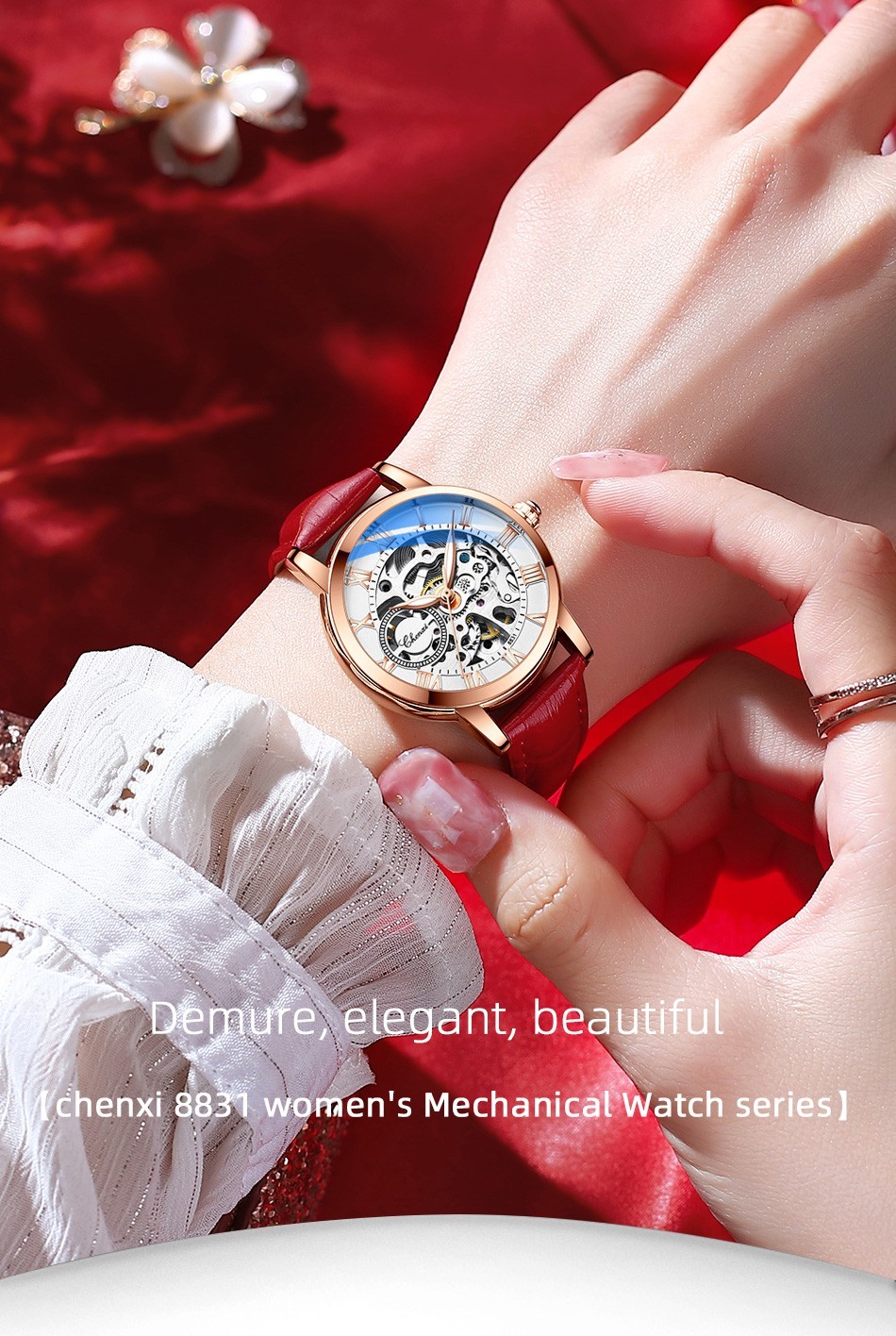 CHENXI Women’s Gril Female Hollow Out Roman Numerals Automatic Mechanical Watch