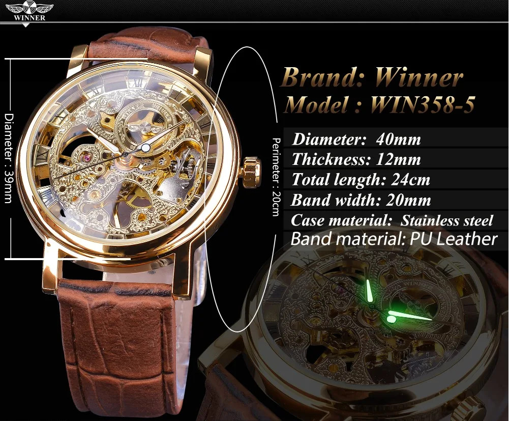WINNER Mechanical Luxury Leather Elegant Skeleton Automatic Men’s Watch
