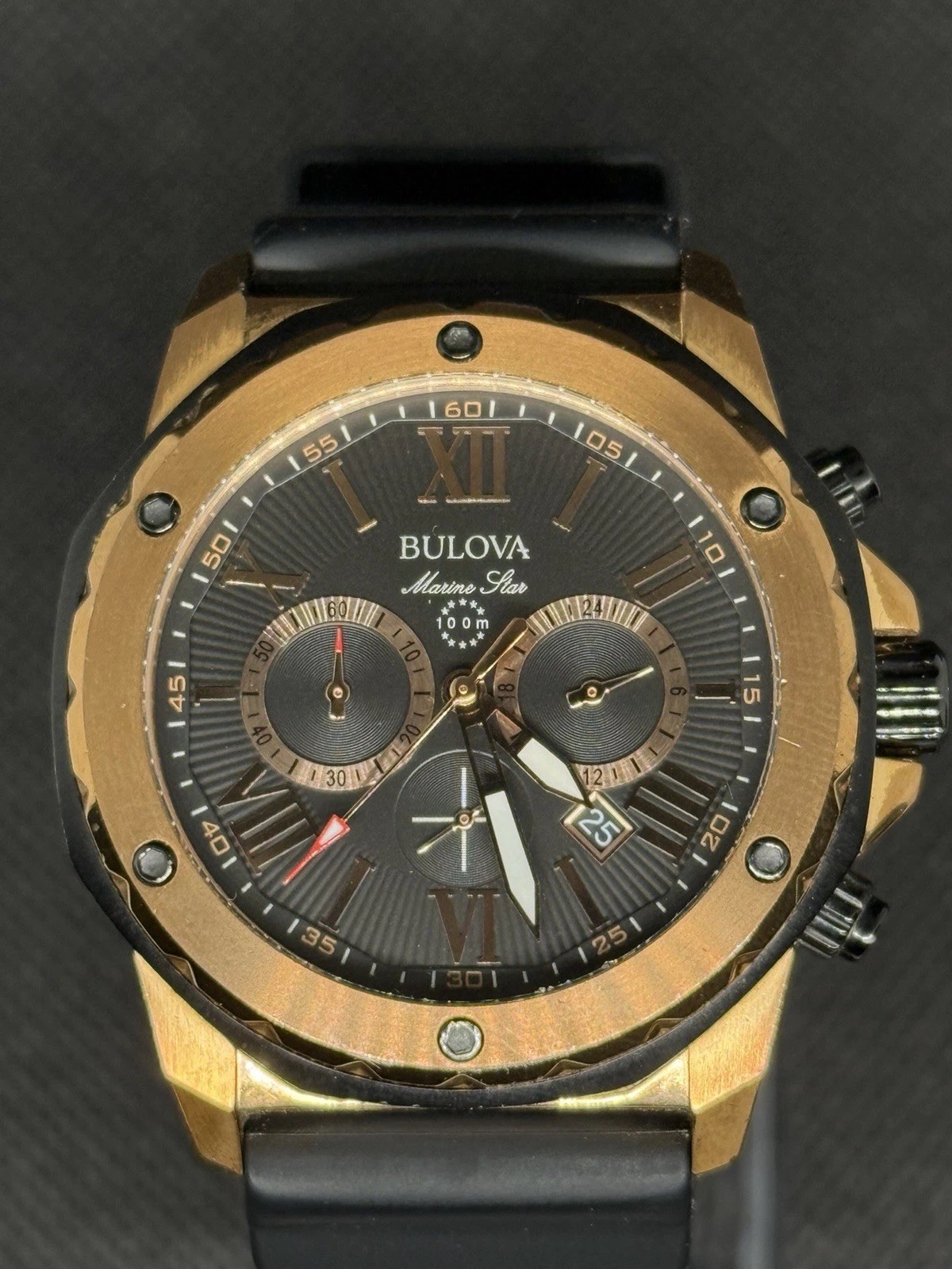 Bulova Marine Star Men’s Quartz 100m 45mm Black Dial Roman Rubber Strap