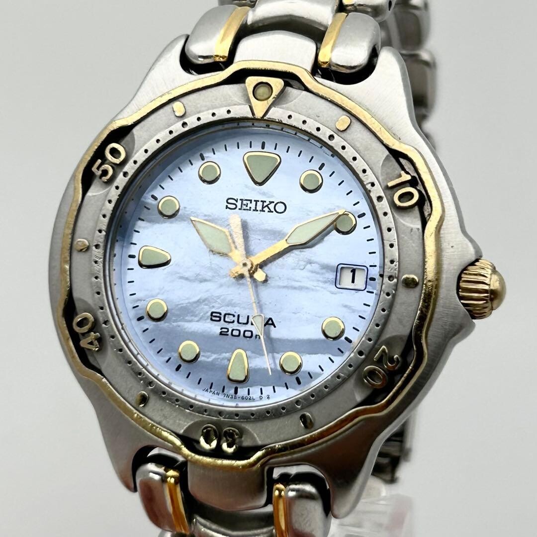 SEIKO SCUBA 7N35-6030 Mens Blue MOP Dial Quartz Diver 200M Watch Japan