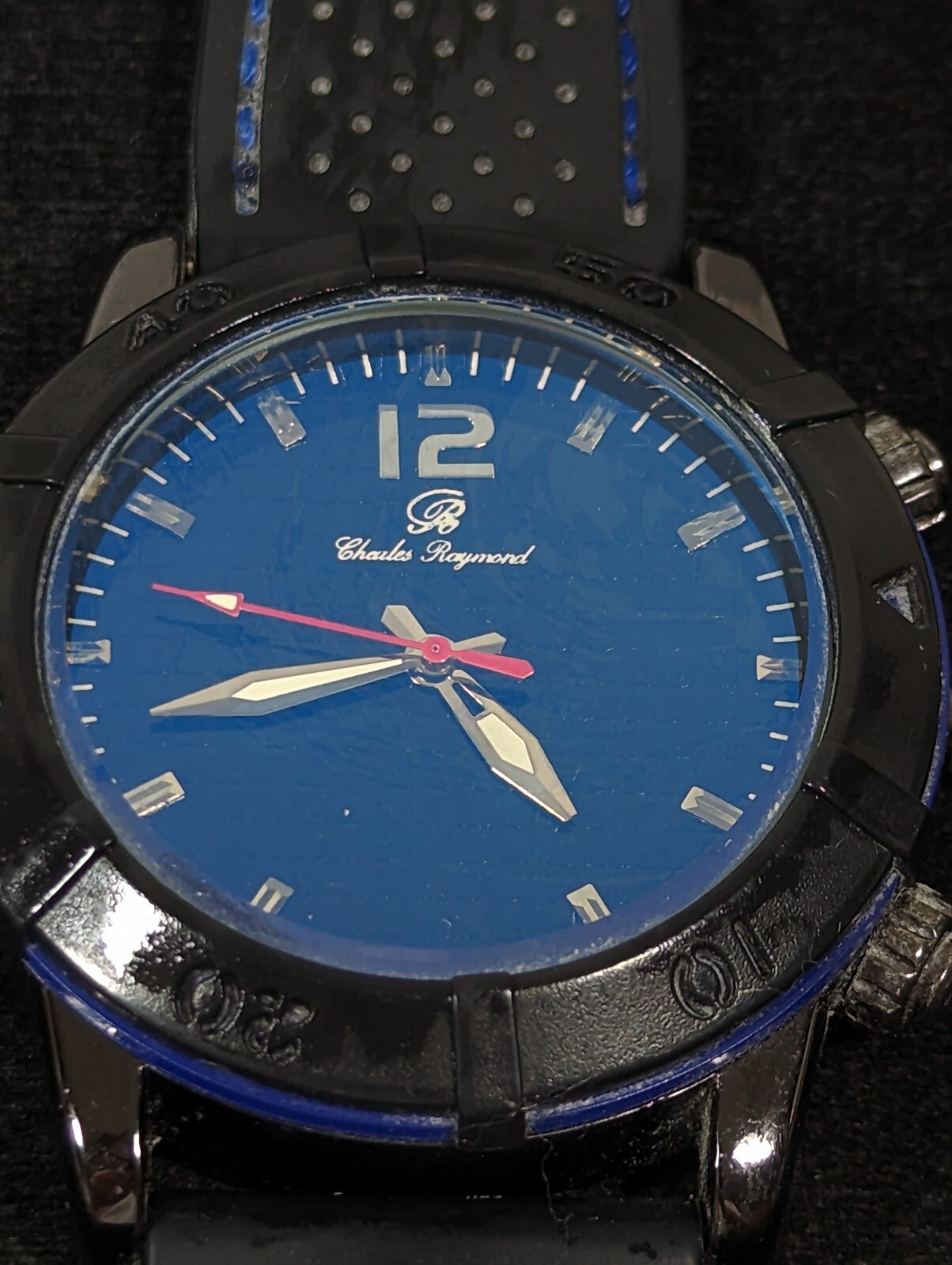Charles Raymond Blue Dial Rotating Bezel Black Case Silicone Band Watch 8.5 In