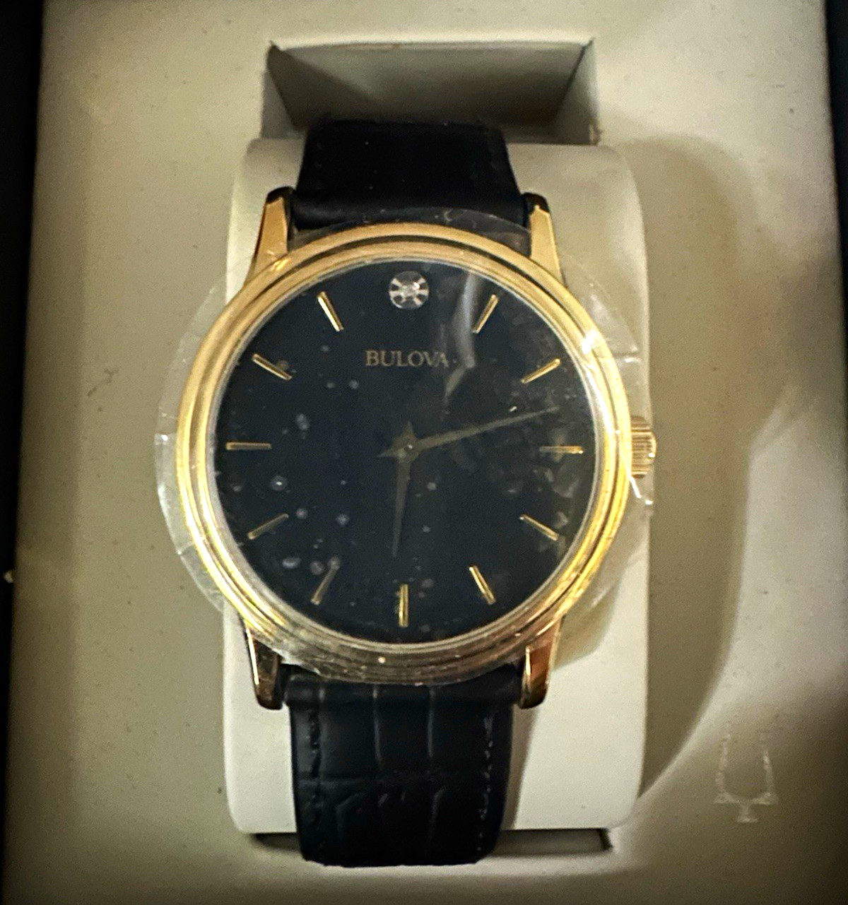 Bulova Diamonds Quartz Dress Watch Black Dial Gold Case Black Leather Strap Box