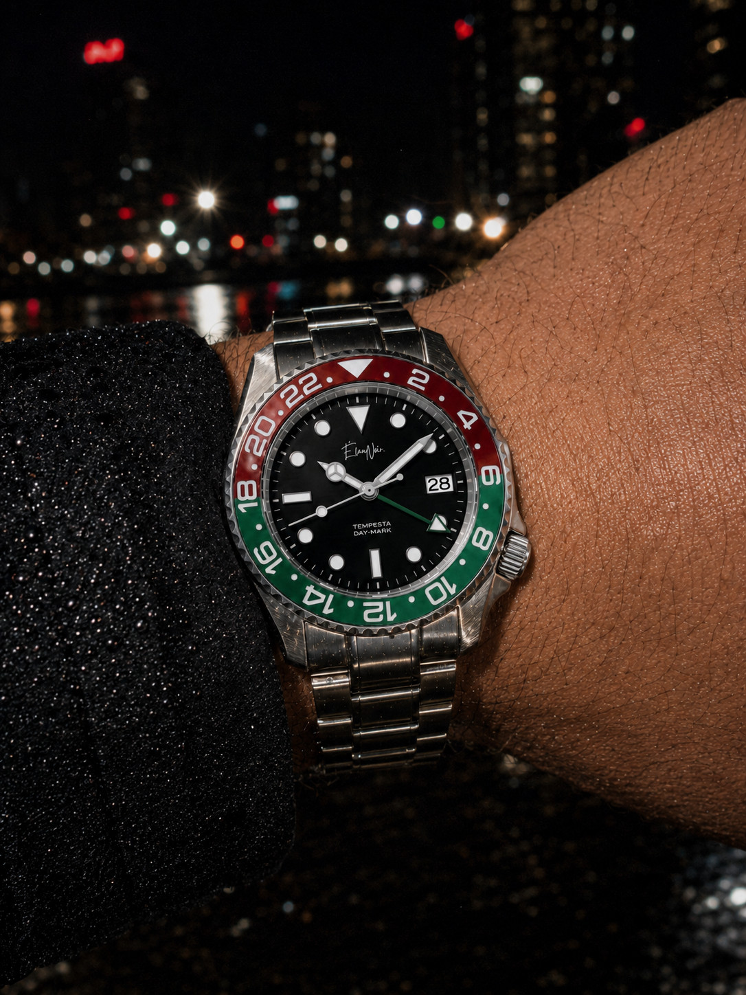 Men’s Automatic Dual Time Watch 41mm Red Green Bezel Black Dial Stainless Steel