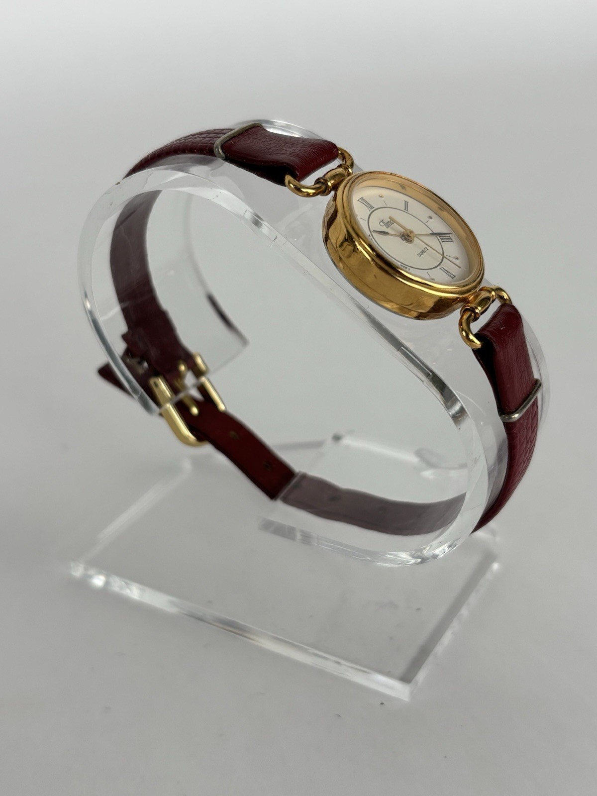 Timex 23mm Gold Tone Quartz Watch w/Red Leather Band & New Battery