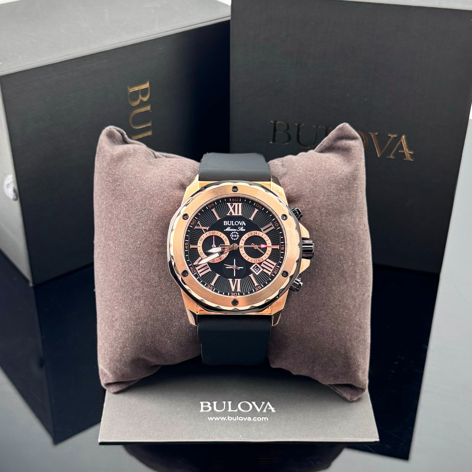 Bulova Marine Star Black Dial Chronograph Silicone Strap Men’s Watch 44MM 98B104