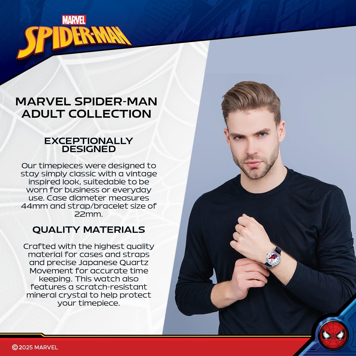 Marvel Spider-Man Adult Vintage Analog Quartz Watch, Black