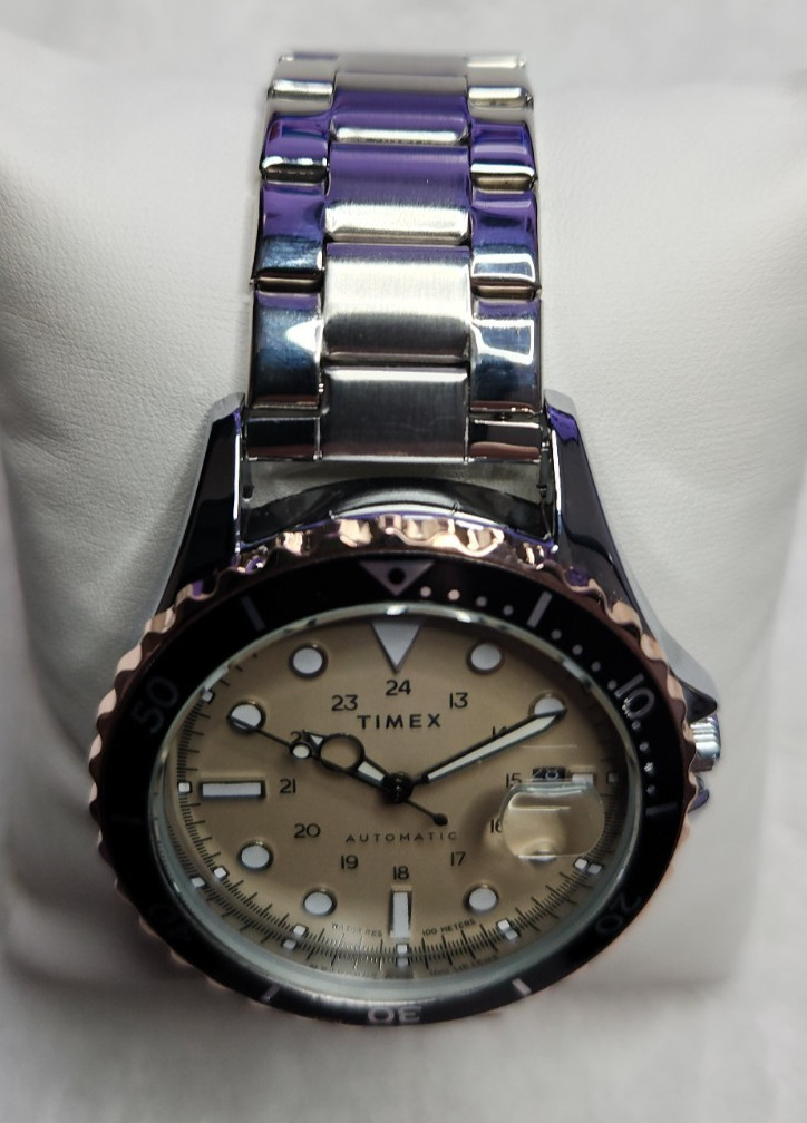 Stunning Timex Automatic Dive Watch 41mm Tan Dial Rotating Bezel Glass Caseback