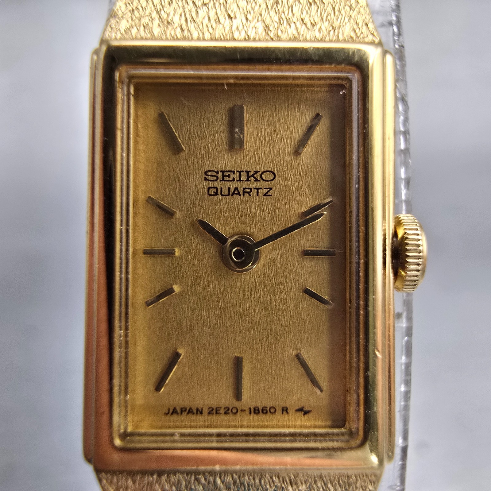 Seiko Watch Women 12mm Gold Dial Gold Tone Rectangle 2E20-6479 New Battery VTG