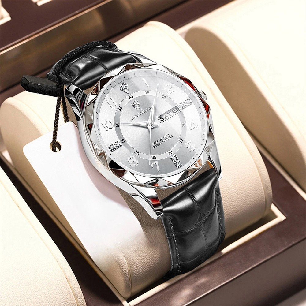 Mens Calendar Watch Quartz Wristwatch Man Leather Watches Waterproof Luminous