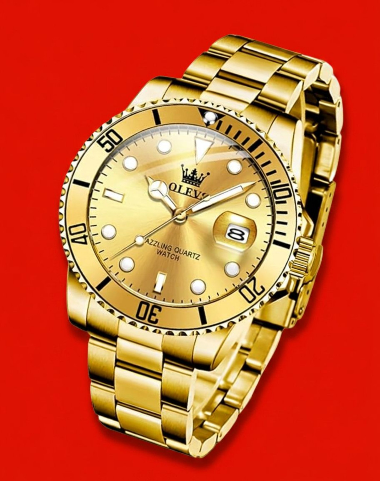 Men Waterproof Diver Quartz All Gold Bracelet Gold Black Bezel Wristwatch Olevs