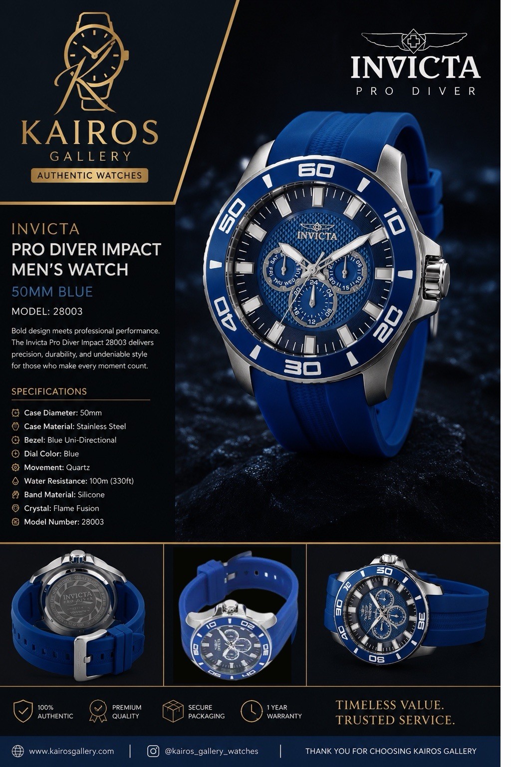 Invicta Pro Diver Impact Men’s 50mm Blue Quartz Chronograph Date 200m (28003)