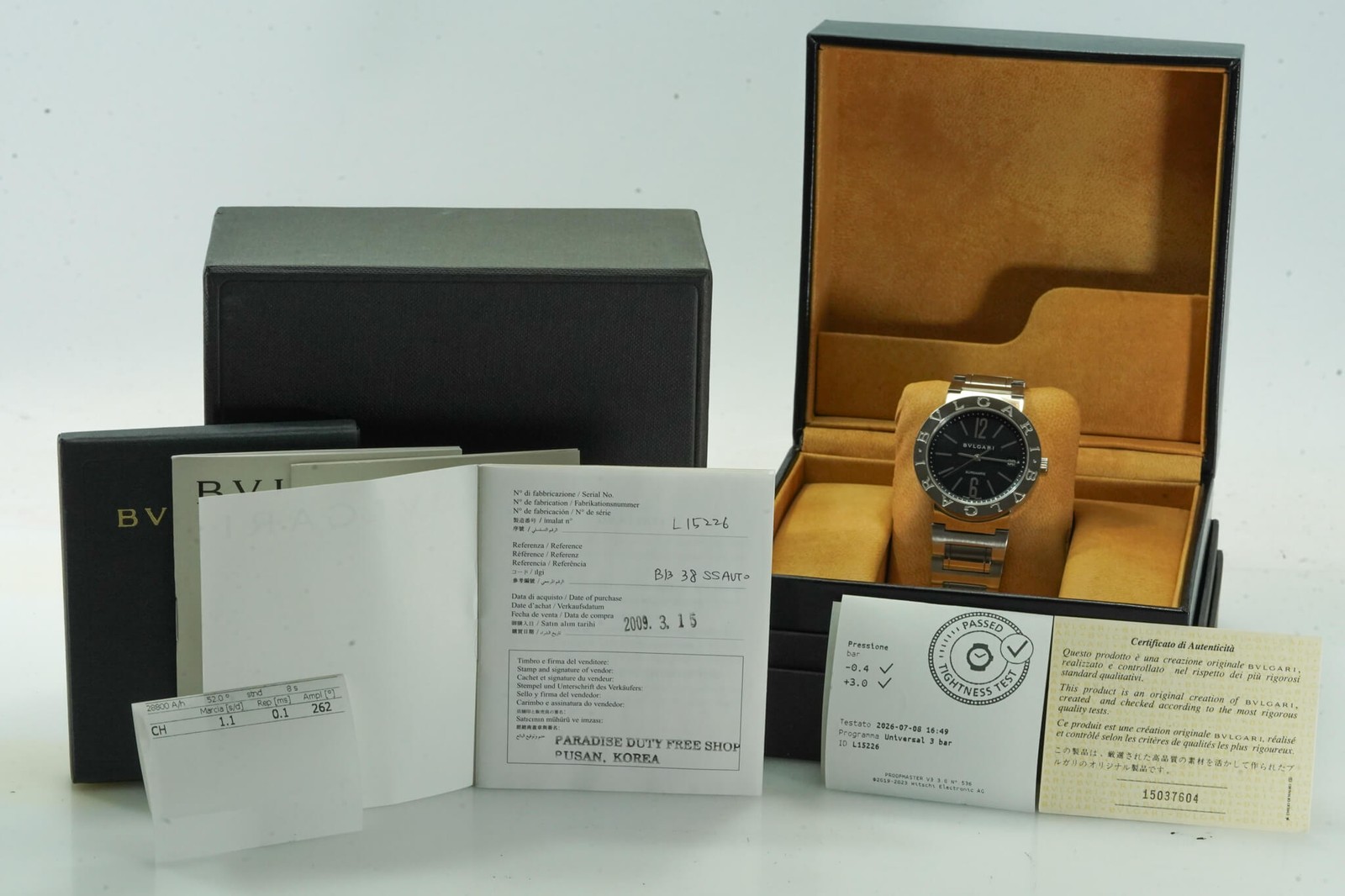 Bulgari Bvlgari BB38SSAUTO BB 38 SS AUTO Automatic 38mm Black Dial 03/2009 12…