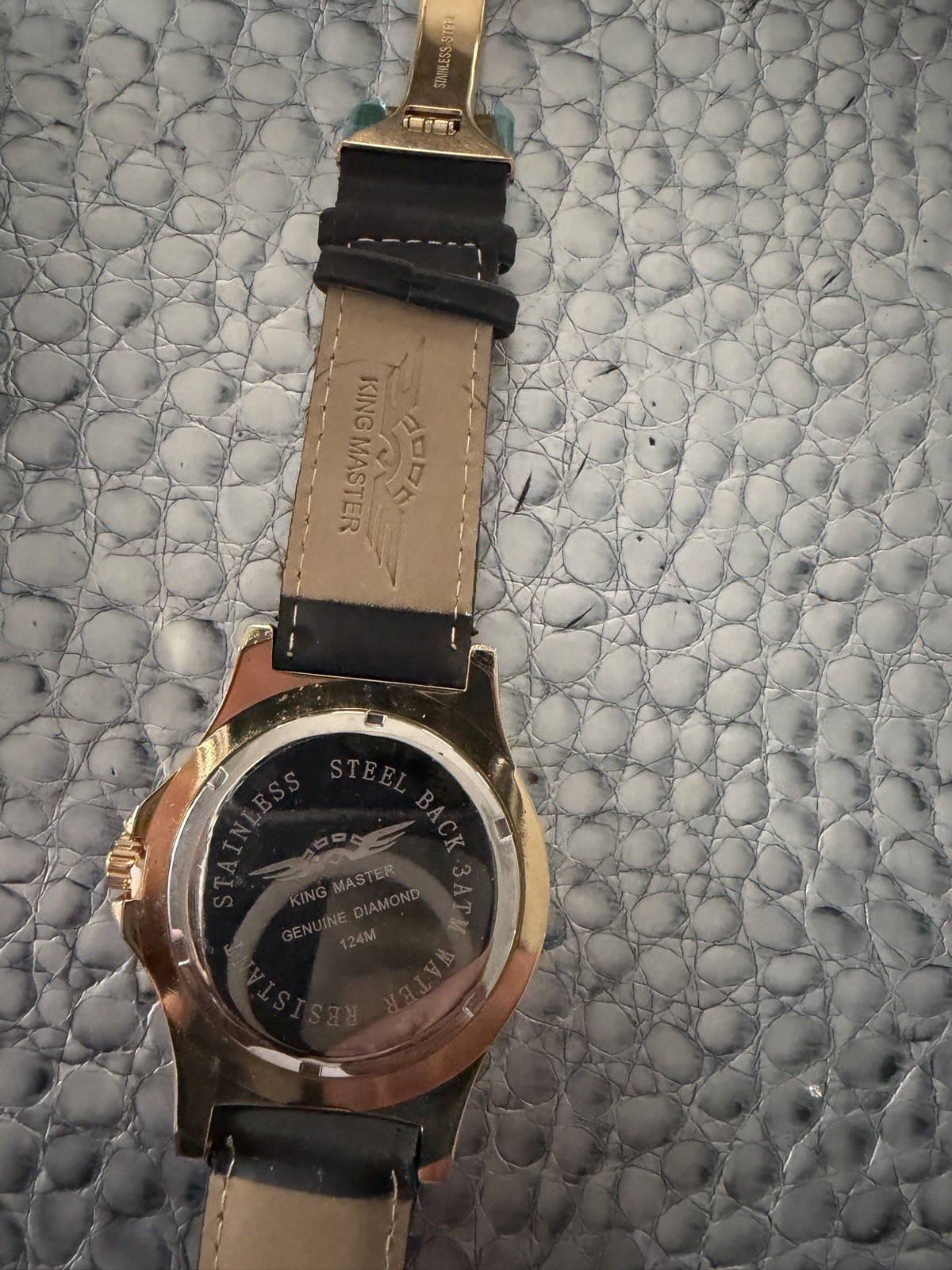Kings Master Men’s Stainless Gold-tone Case Black Leather Band 0.12ct Diamond