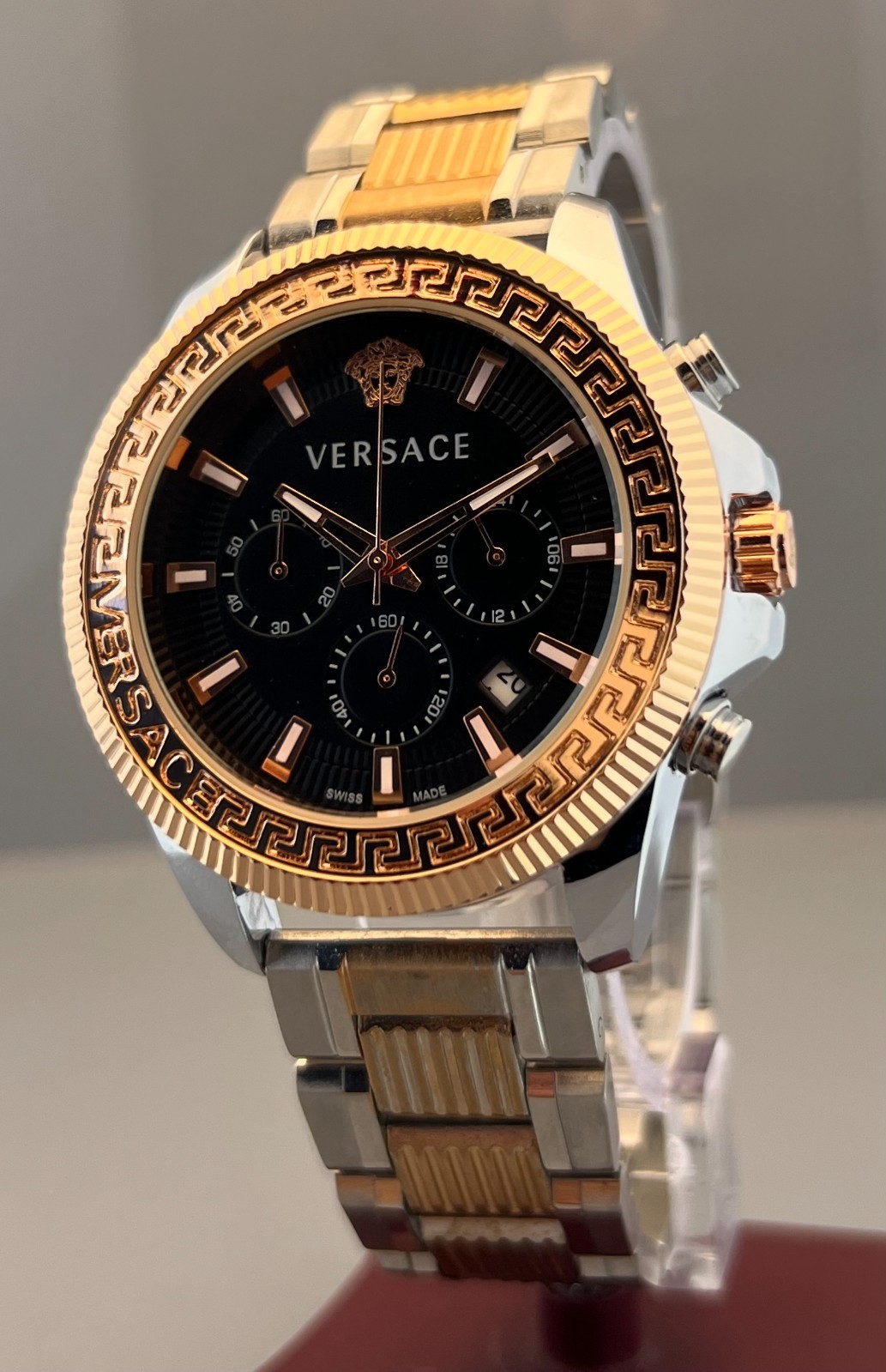 Vintage Men’s Versace Greca Action Chrono Quartz Black Dial Two-Tone Wristwatch