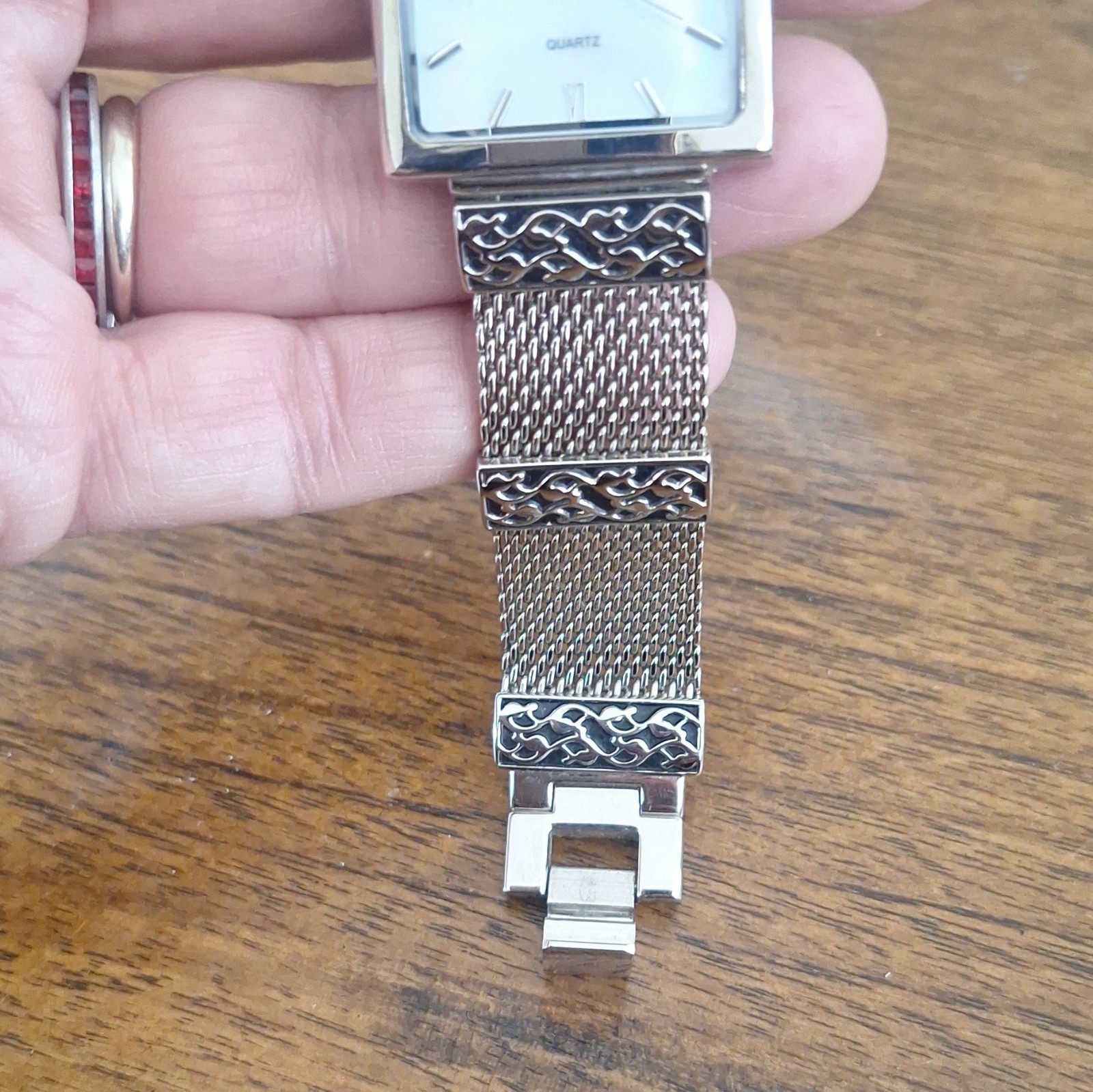 Chico’s Women’s Quartz Square Watch Silver Tone White Dial Roman Mesh Bracelet