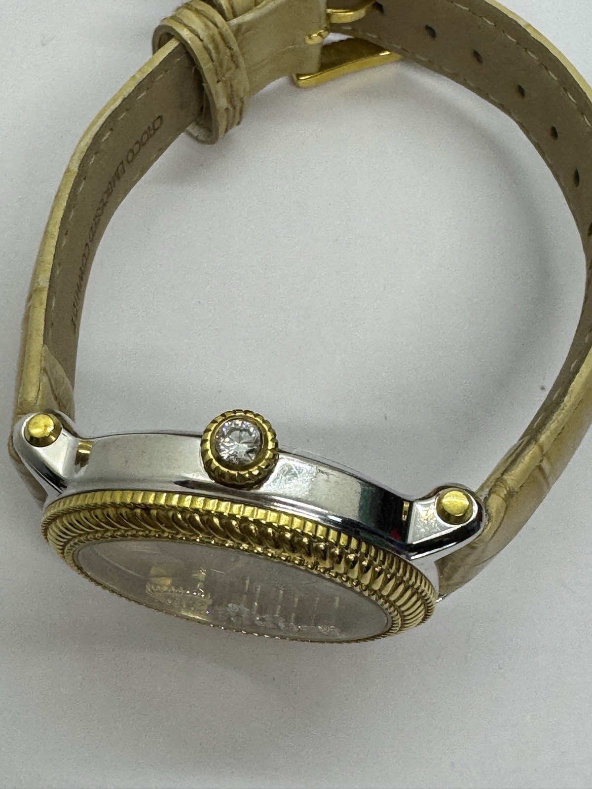 Judith Ripka Floating Crystal Watch Tan Leather approx 6-8″ Needs Battery