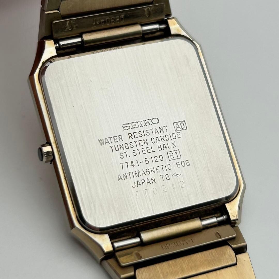 SEIKO Dolce 7741-5120 Quartz Gold Tone Rectangular Vintage Mens Watch Japan