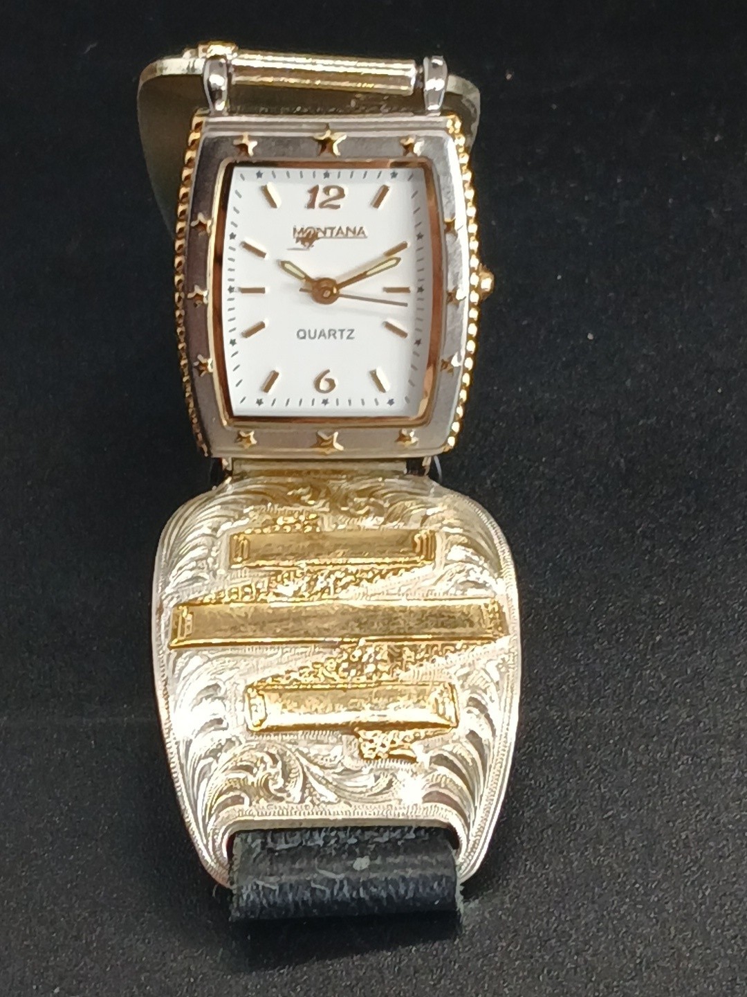 Montana Silversmiths Watch Silver And Gold With Sheep Emblem Black Leather Strap